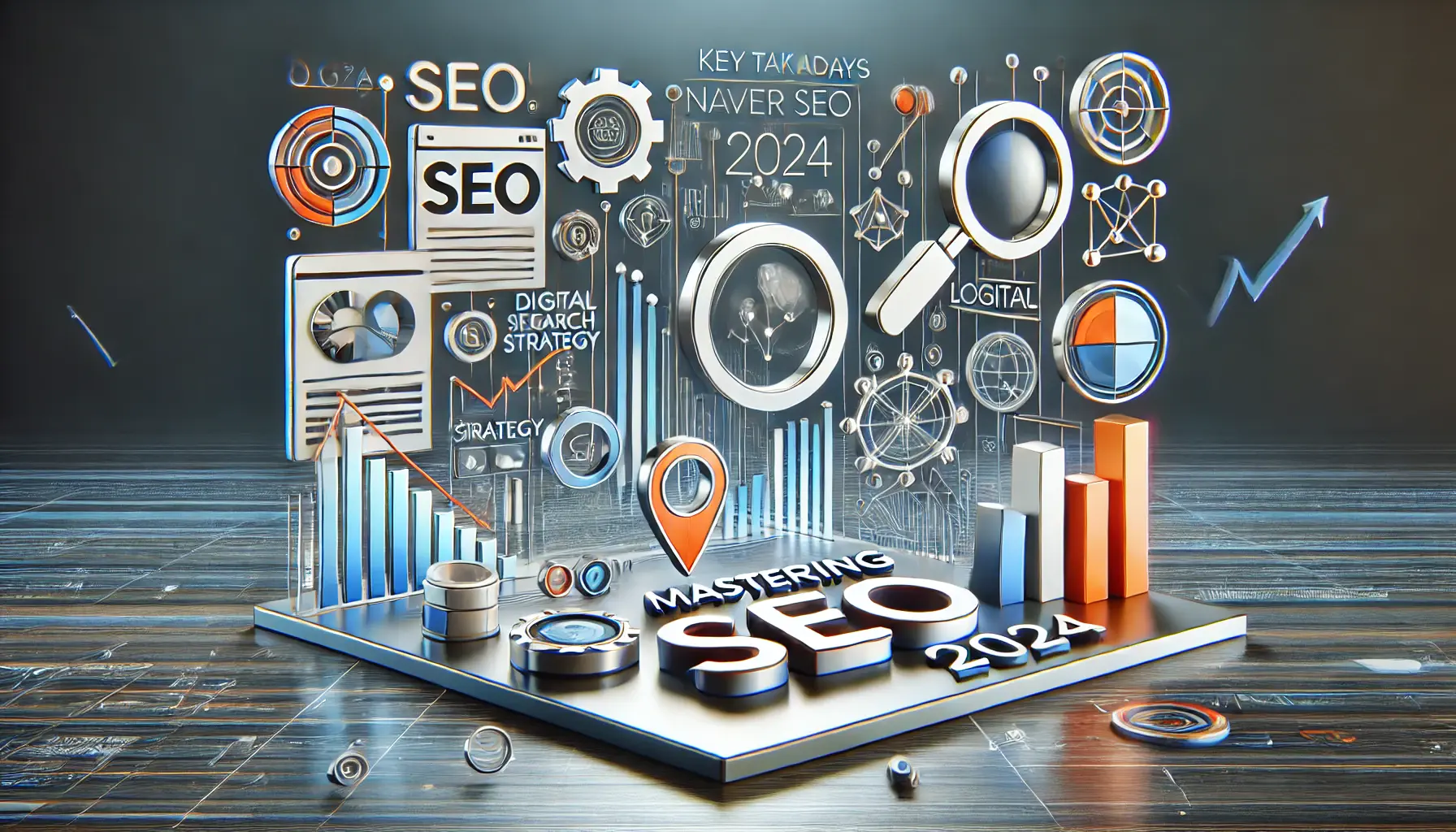 An abstract representation of key takeaways for mastering Naver SEO in 2024, featuring data graphs, search icons, and digital interfaces.