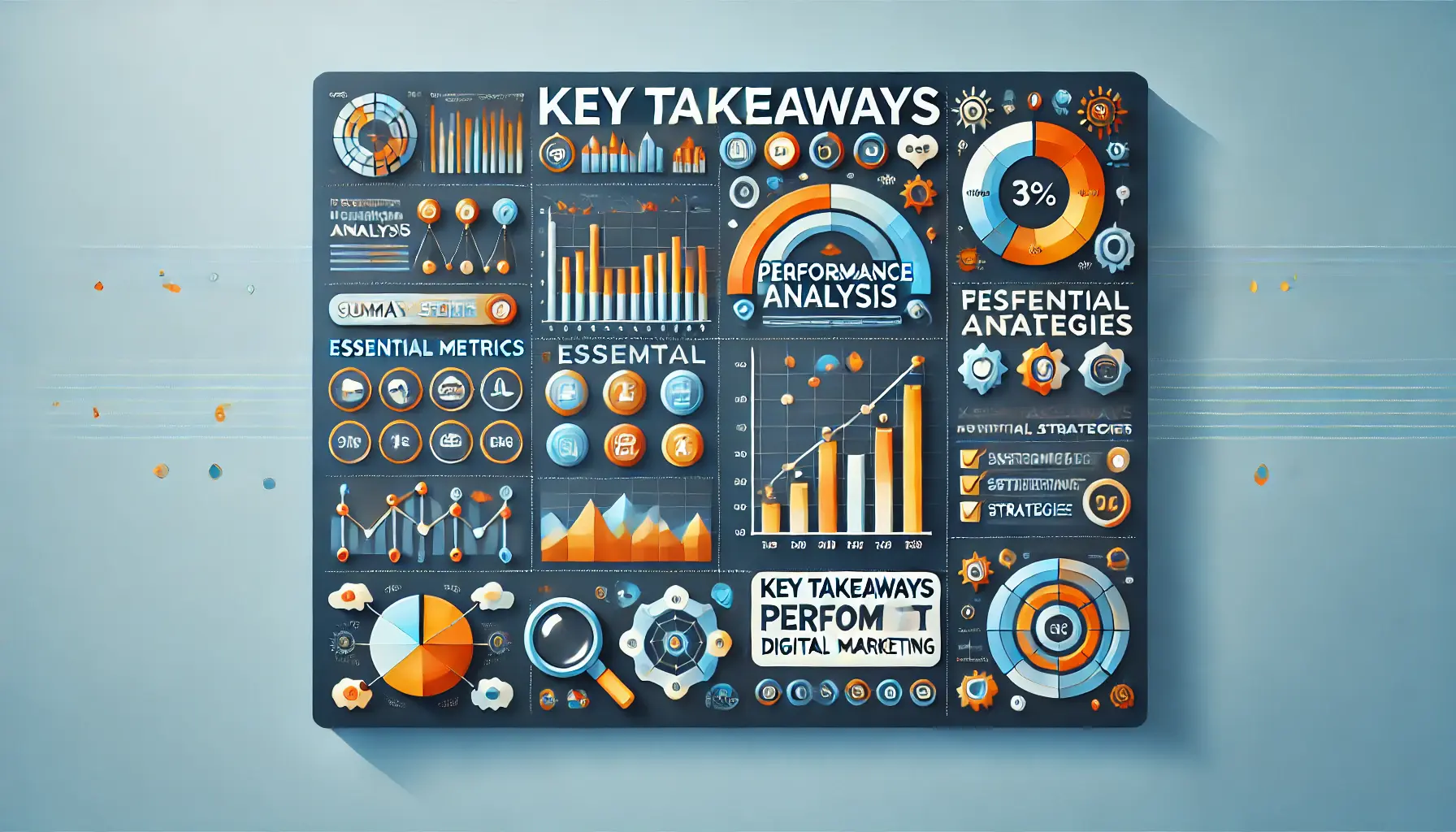 A visual representation of key takeaways from performance analysis in digital marketing, showcasing summary metrics and insights.