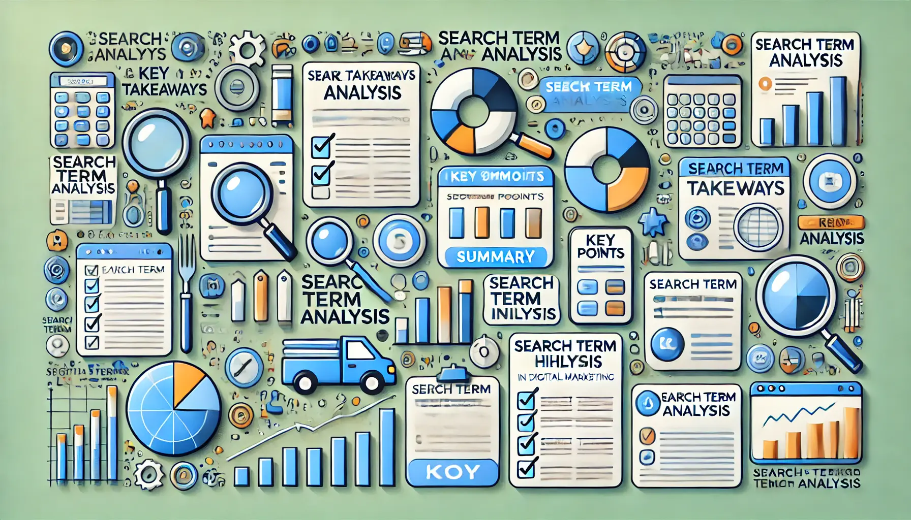 Visual representation of key takeaways from search term analysis featuring checklists, summary graphs, and analytical tools