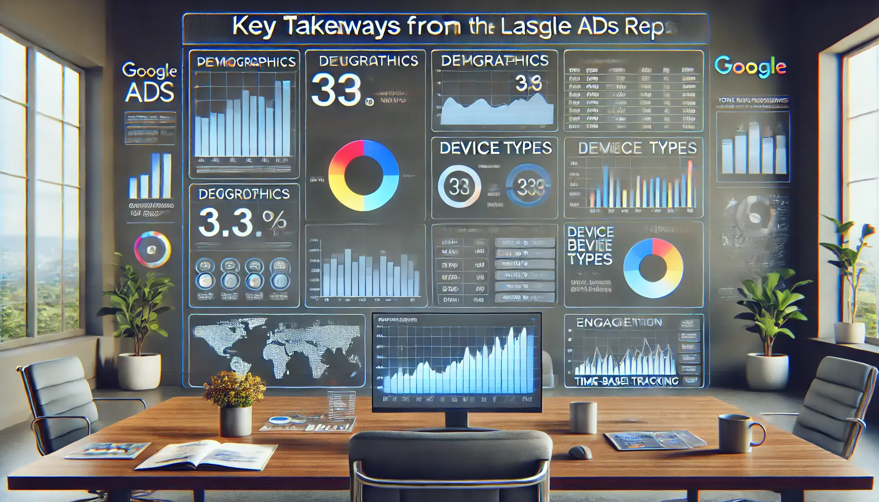 A digital marketing dashboard displaying performance insights such as demographics, device types, and time-based tracking with colorful charts and graphs.