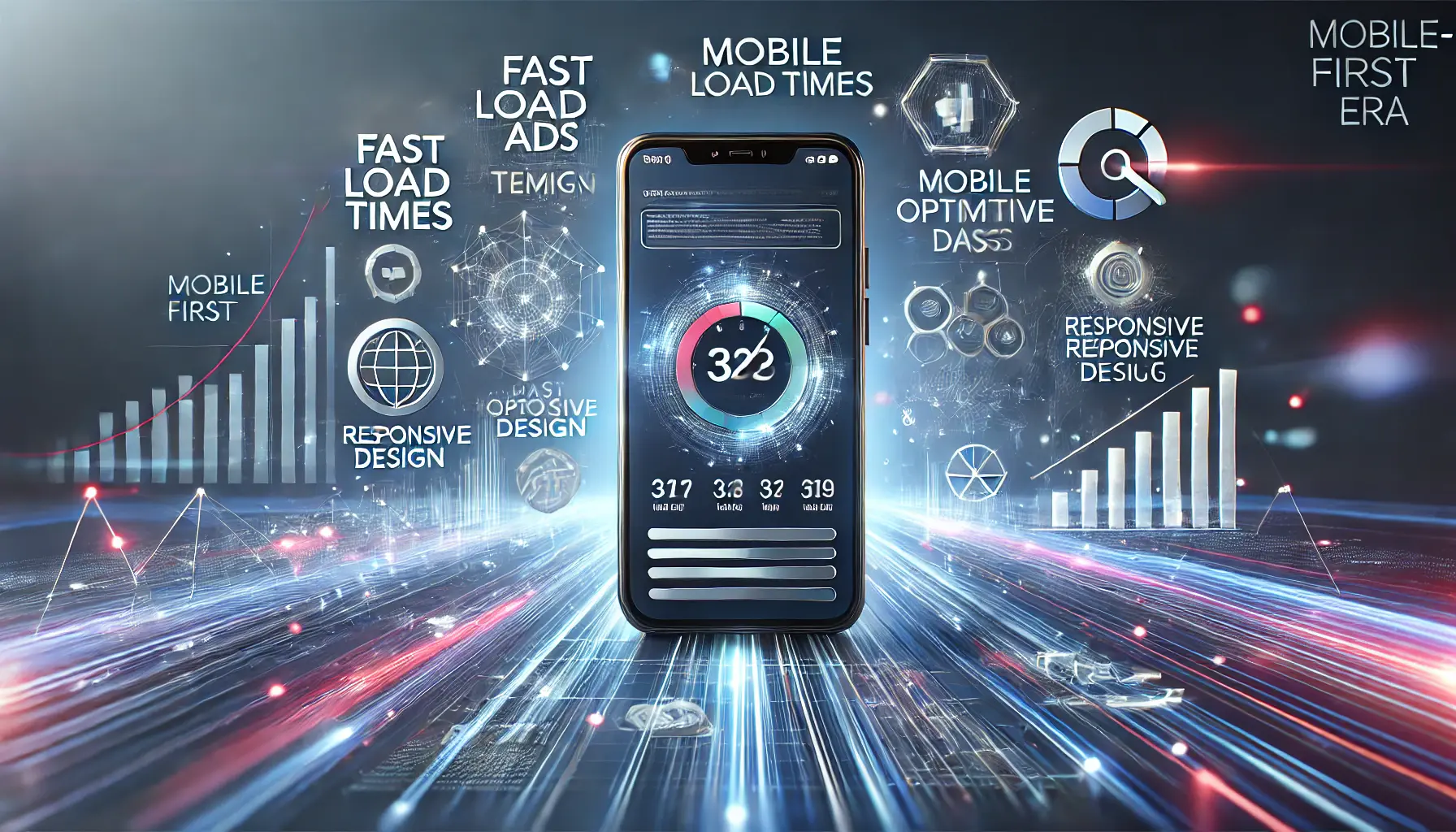 A smartphone displaying mobile-optimized ads and search results, surrounded by symbols of fast load times, responsive design, and mobile interactions like taps and swipes