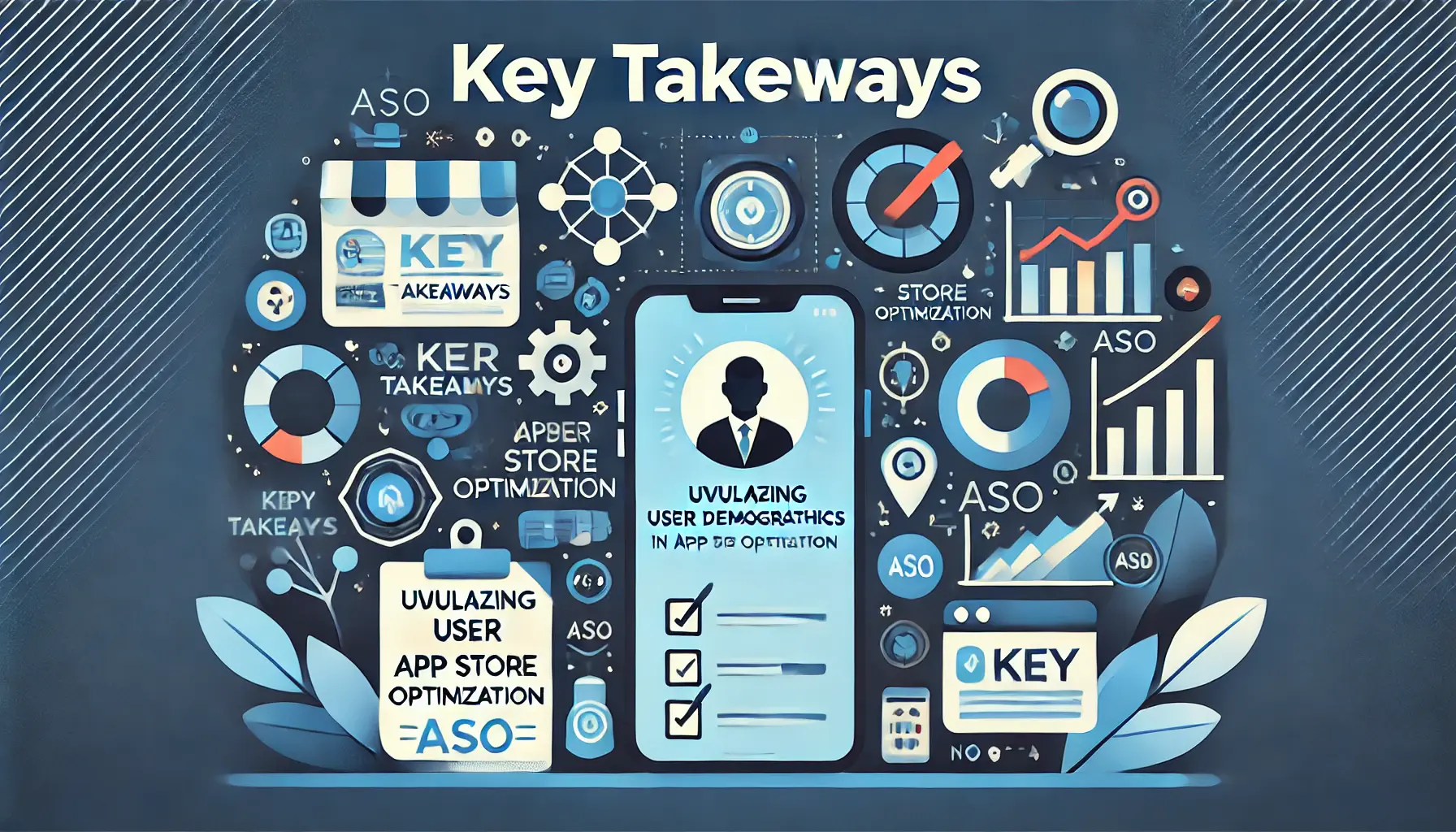 Image summarizing the key insights on utilizing user demographics in ASO, featuring demographic icons, checklist or summary symbols, and a mobile app interface.