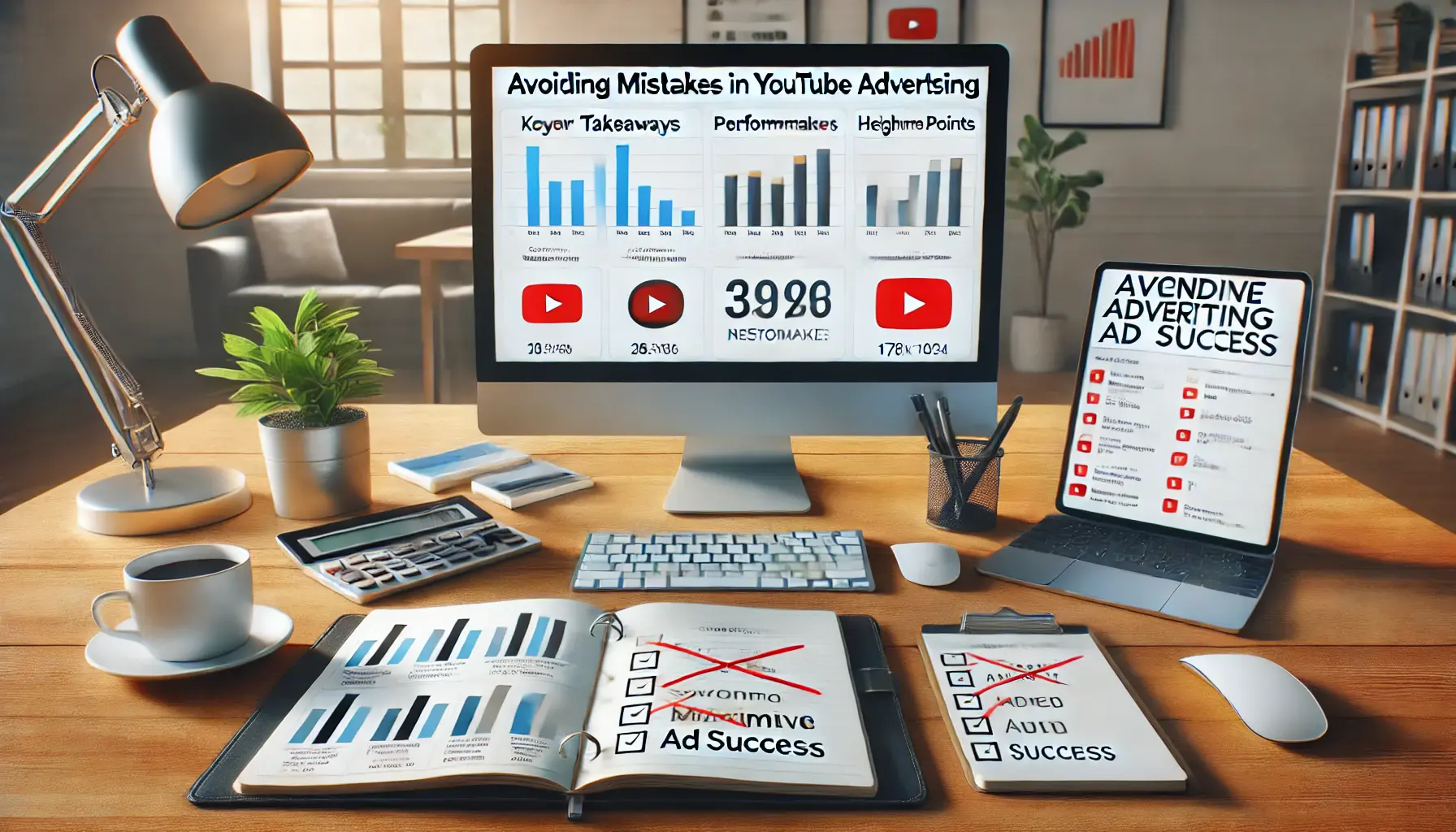 Professional workspace with summary of performance metrics and key points for YouTube ad success.