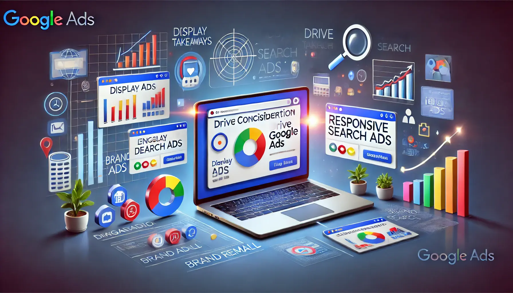 Digital marketing scene with a laptop displaying Google Ads interface, showing optimized display ads, video ads, and responsive search ads, surrounded by visuals of engagement and decision-making processes.