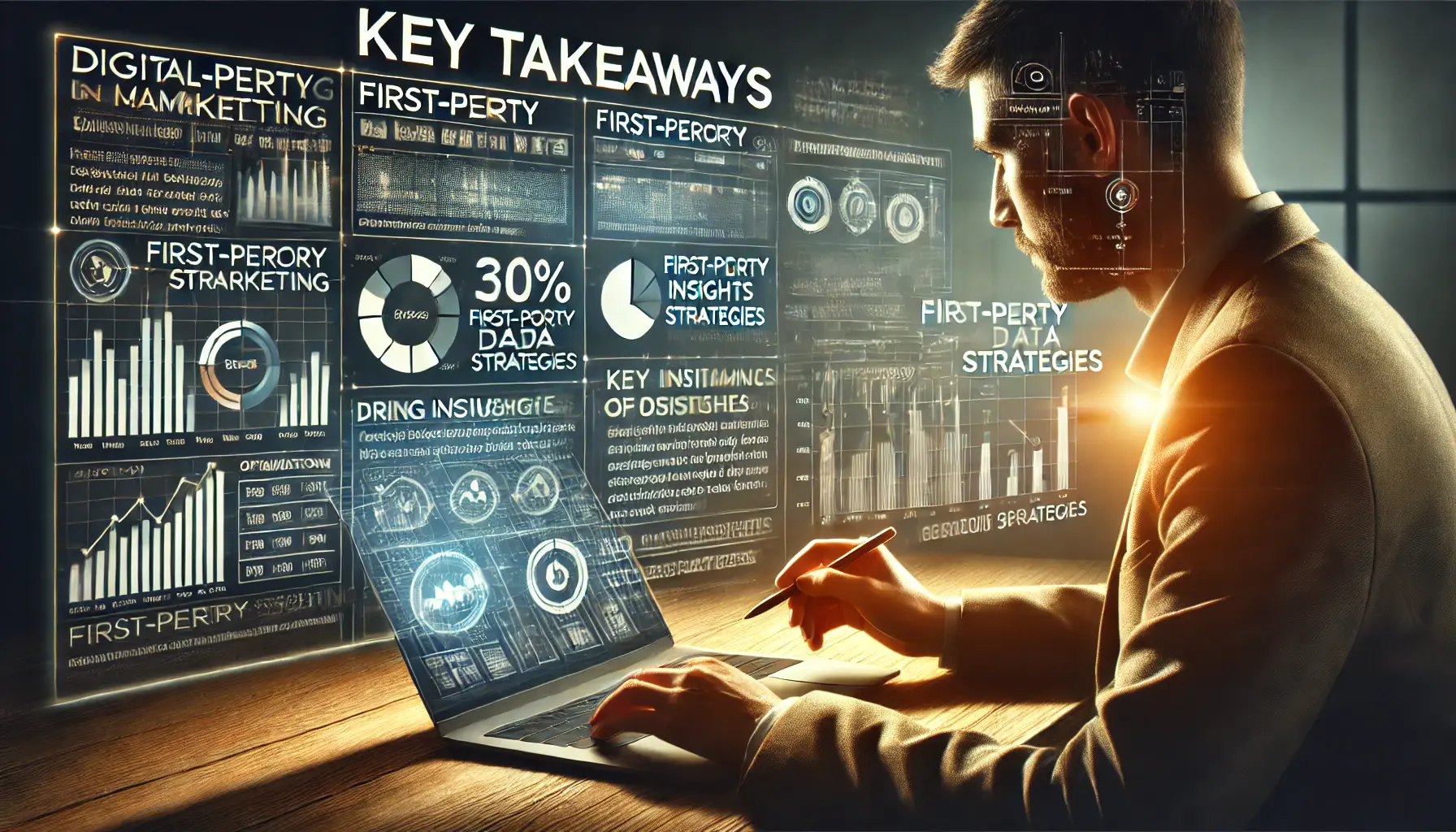 A digital marketer reviewing campaign results with insights and metrics on a dashboard, emphasizing data-driven decision making and optimization.