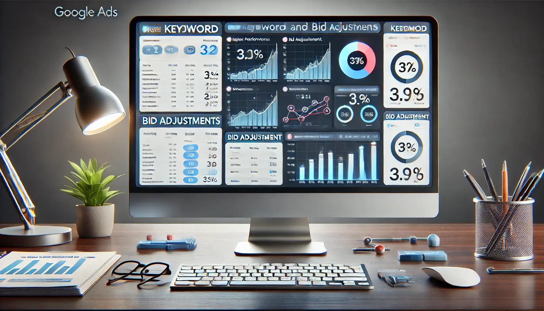 A digital marketing workspace with a computer screen showing keyword performance data and bid adjustment settings for a Google Ads campaign.