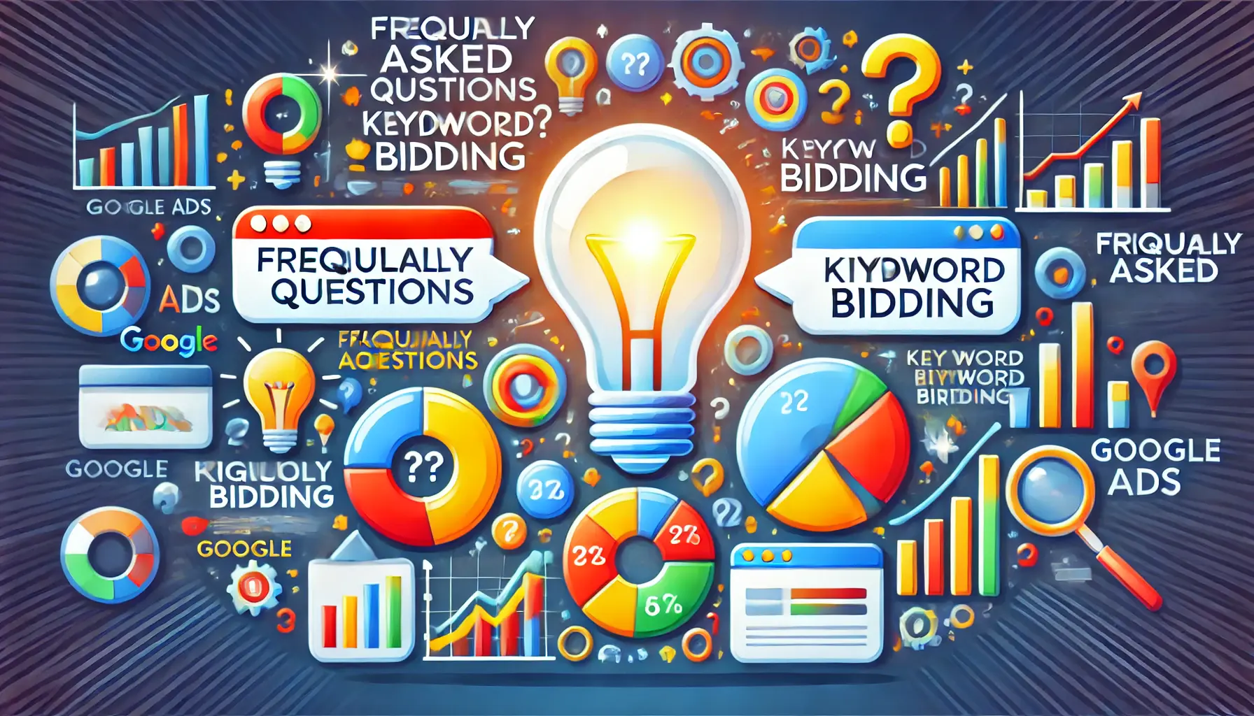 A comprehensive digital marketing illustration representing frequently asked questions about keyword bidding, featuring question marks and a lightbulb.