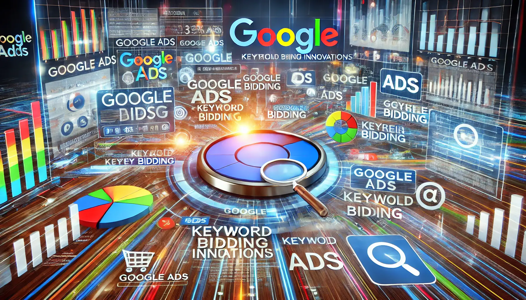 A modern digital marketing concept illustration focusing on Google Ads and keyword bidding innovations, featuring charts, graphs, and a digital network theme.