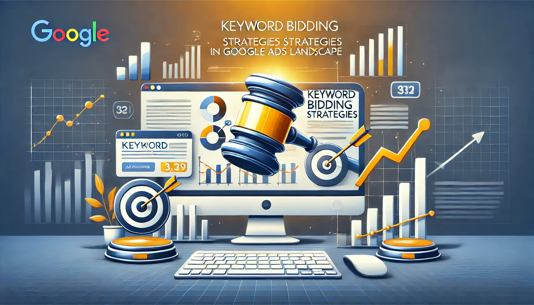 Abstract representation of keyword bidding strategies in digital marketing, showing a computer screen with charts and graphs alongside bidding elements like arrows and targets.