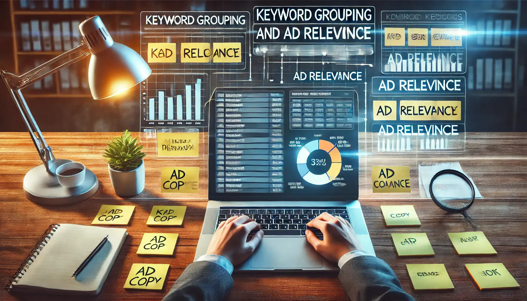 A digital marketing professional analyzing grouped keywords and ad relevance metrics on a laptop.