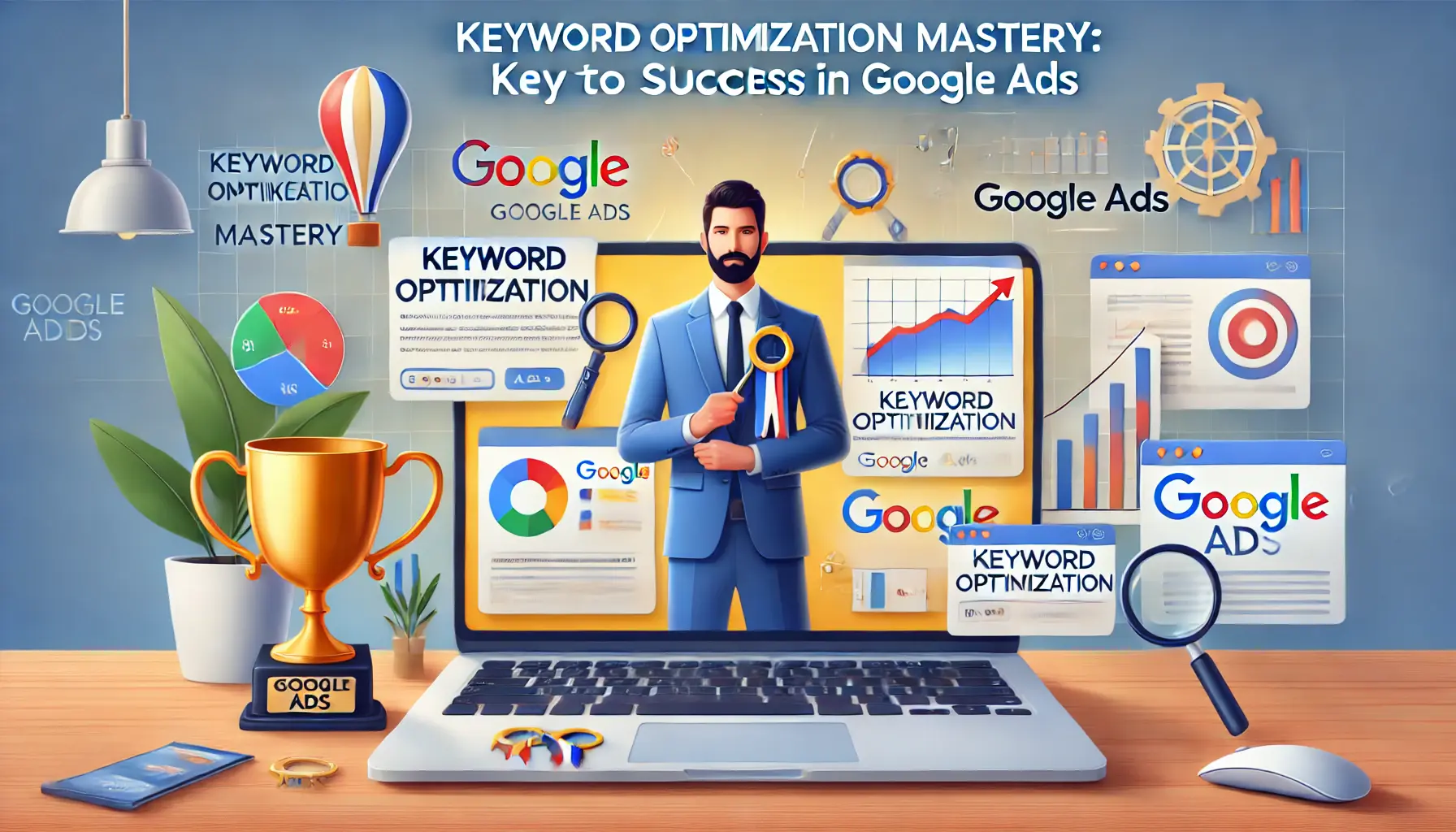 A digital marketing professional presenting keyword optimization strategies on a laptop.