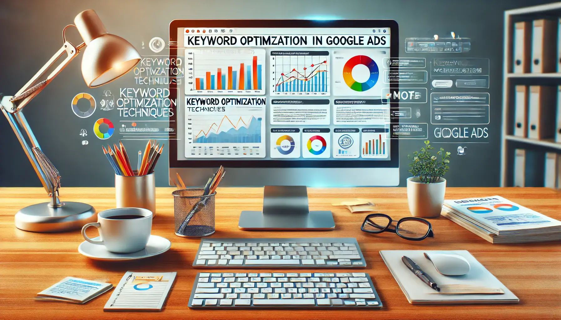 A digital marketing workspace with a computer screen displaying keyword performance analytics.