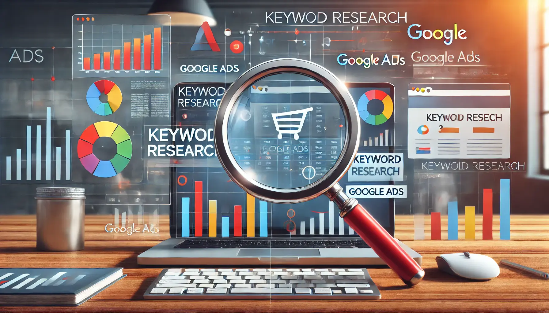 A visually engaging image representing keyword research for Google Ads, featuring a magnifying glass over keywords and charts.