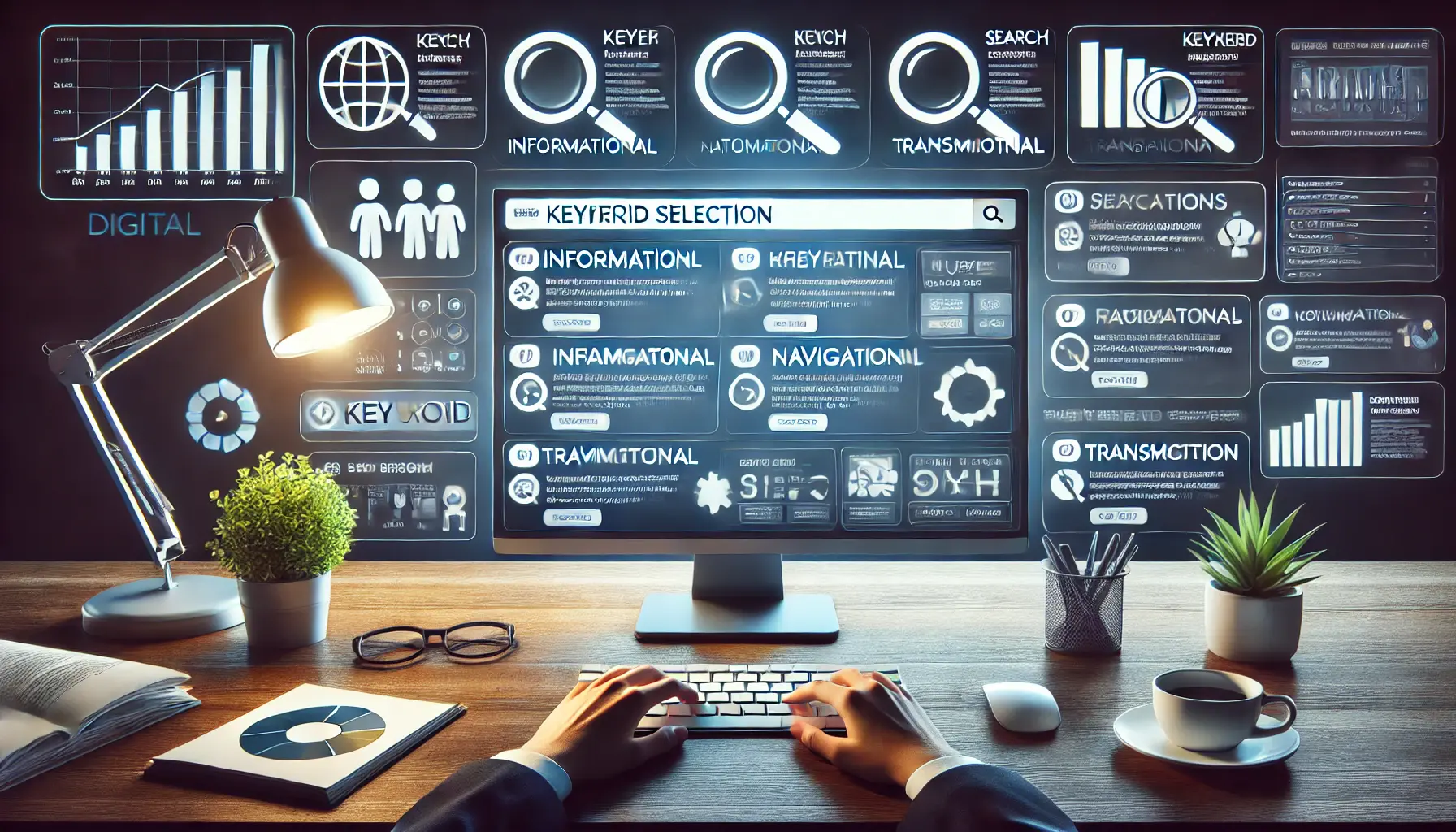 Workspace with a computer screen displaying keyword research tools categorizing keywords by user intent types.