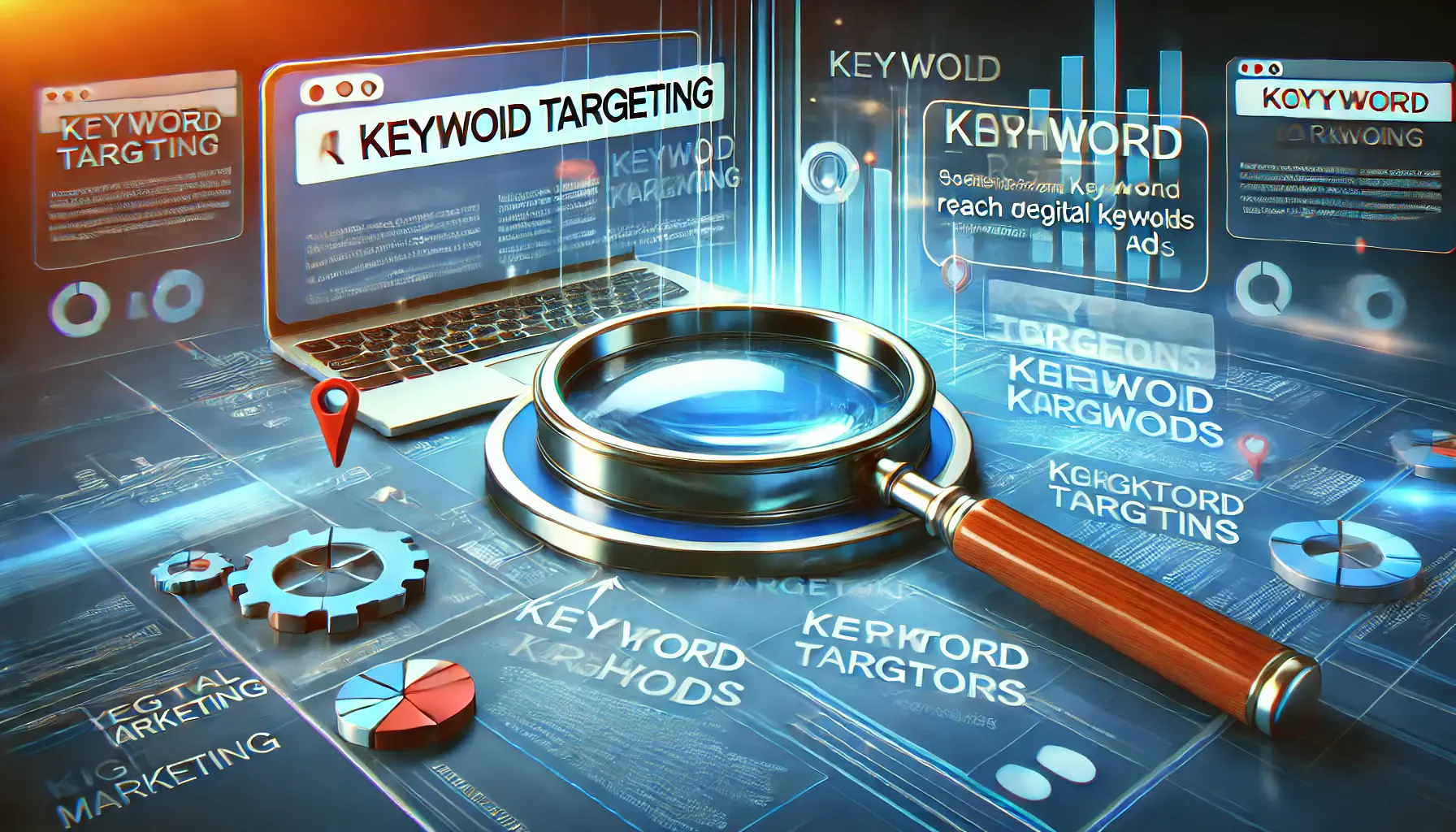 A digital marketing scene illustrating keyword targeting, with elements like search bars and magnifying glasses symbolizing keyword research for digital ads.