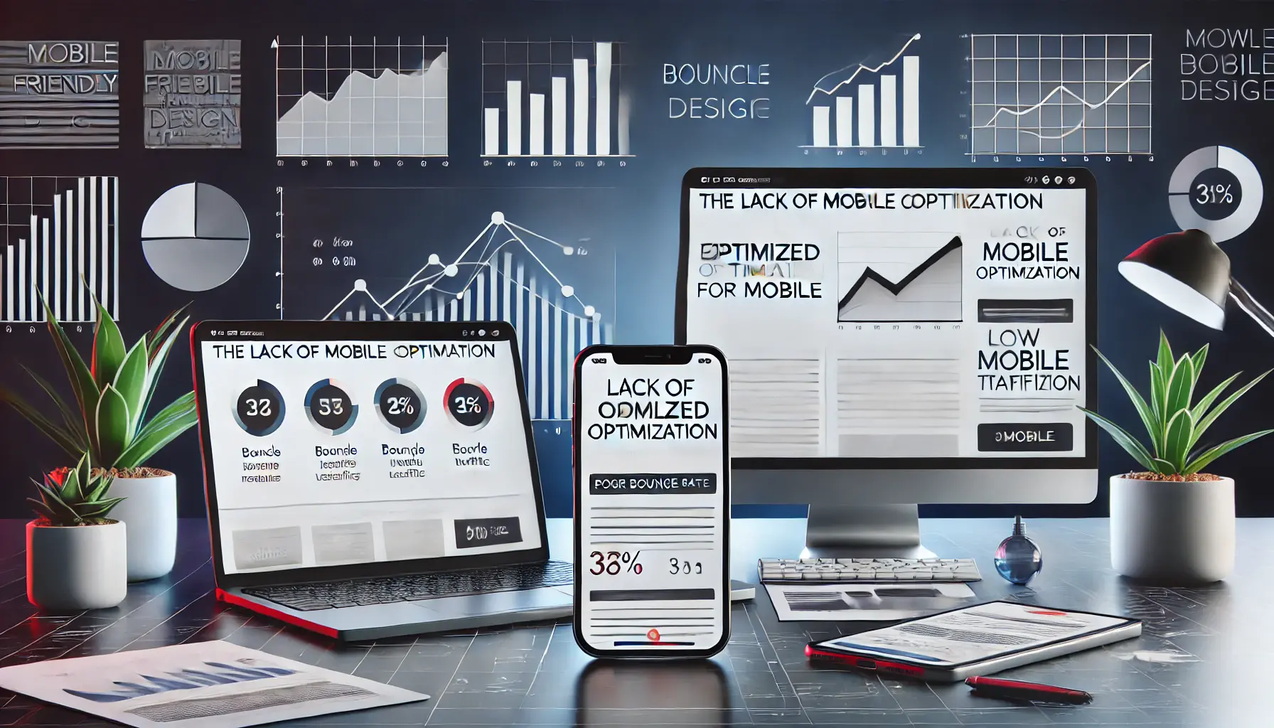 A digital workspace showing a laptop with a non-optimized webpage and a mobile device displaying poor layout, alongside charts showing high bounce rates from mobile users.