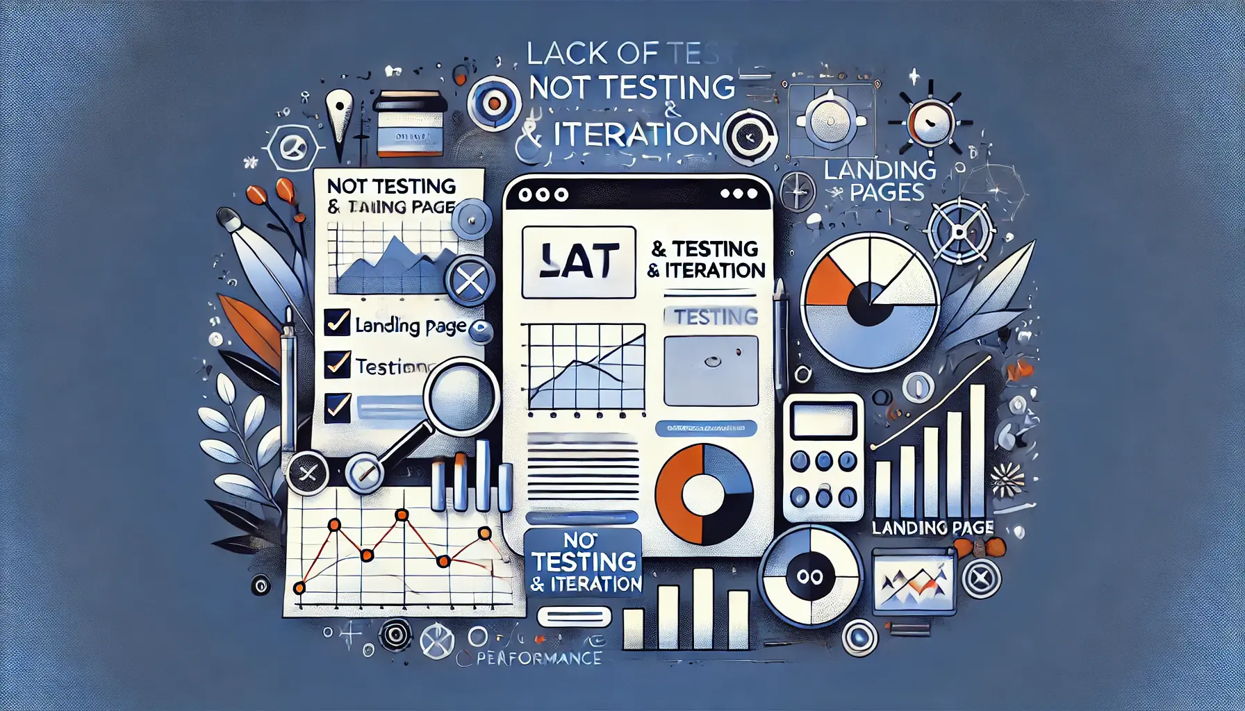 Illustration of an outdated landing page with no data or testing feedback, emphasizing stagnation in optimization.