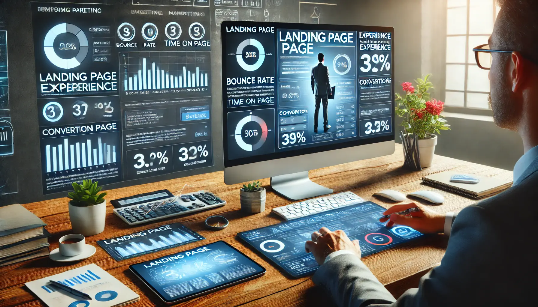 A digital marketing workspace where a professional is reviewing a landing page on a large monitor, with performance metrics such as bounce rate and conversion rates displayed.