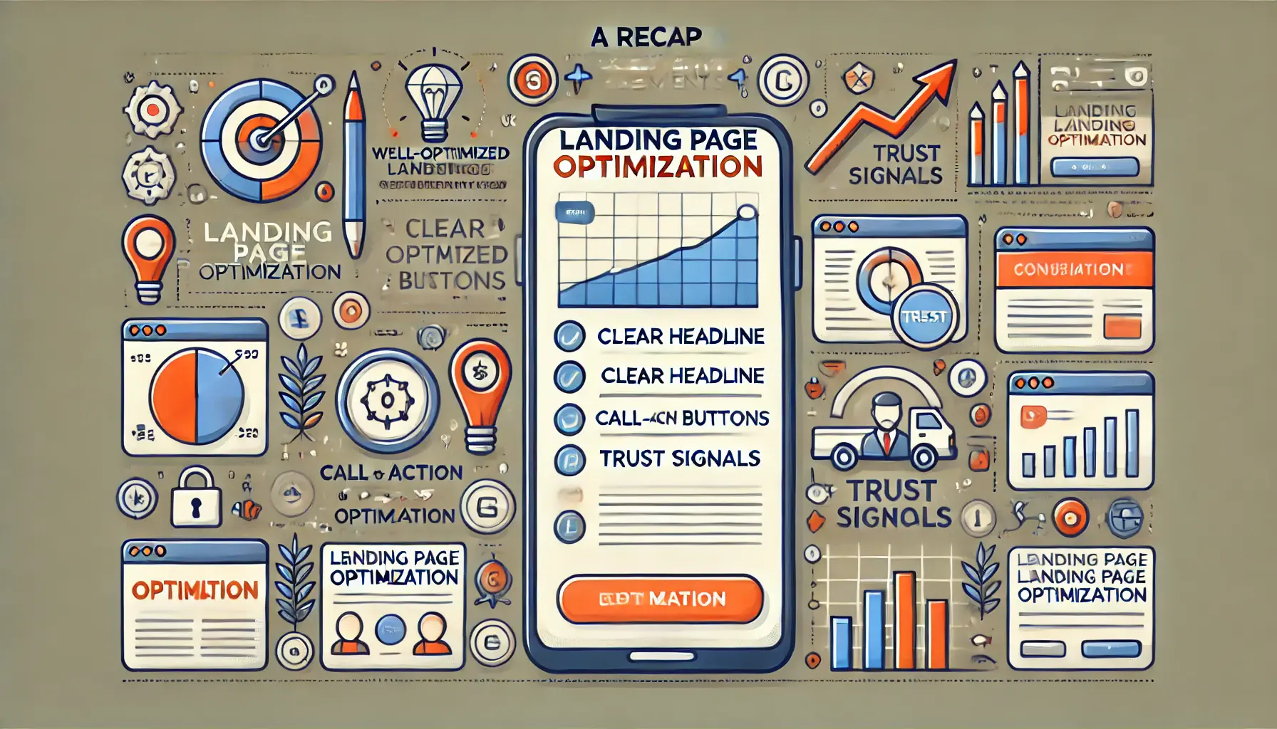 Illustration of a well-optimized landing page with key elements like headlines, call-to-action buttons, and trust signals.