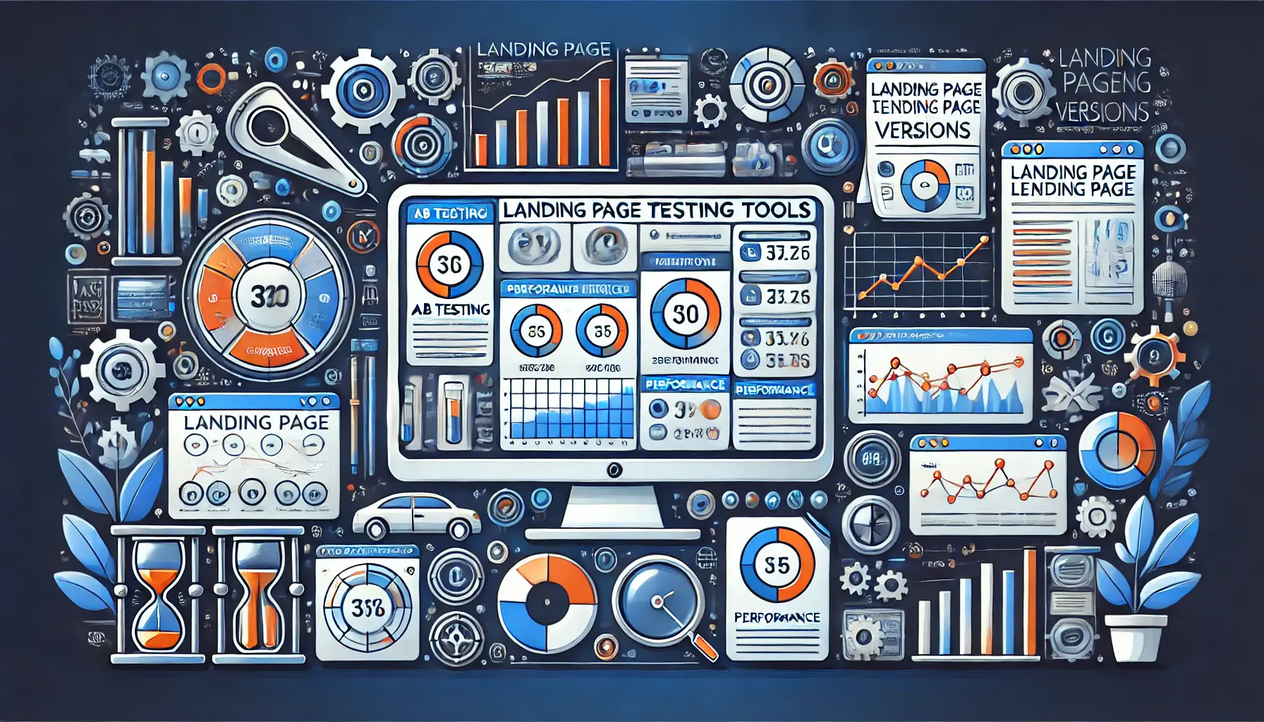 Illustration of a computer screen displaying landing page testing tools like A/B testing software and performance metrics.