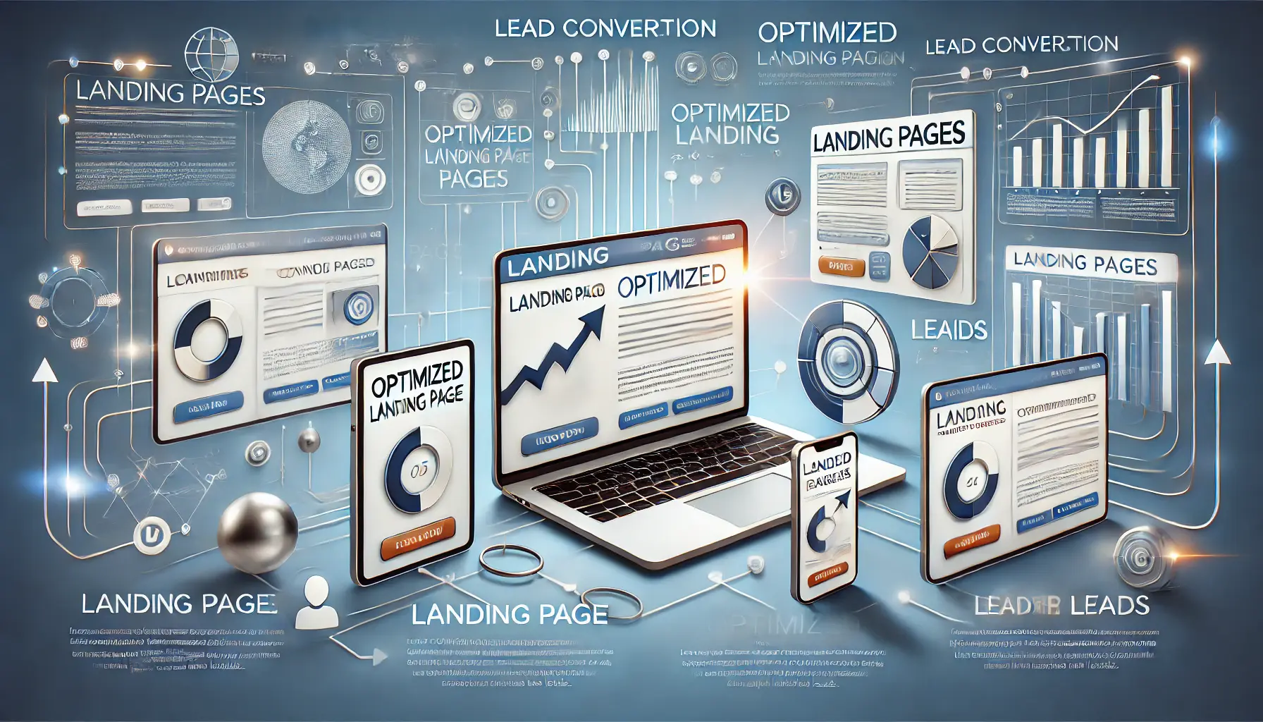 A digital marketing scene showing optimized landing page designs on various devices, representing the lead conversion process through clear layouts and forms.