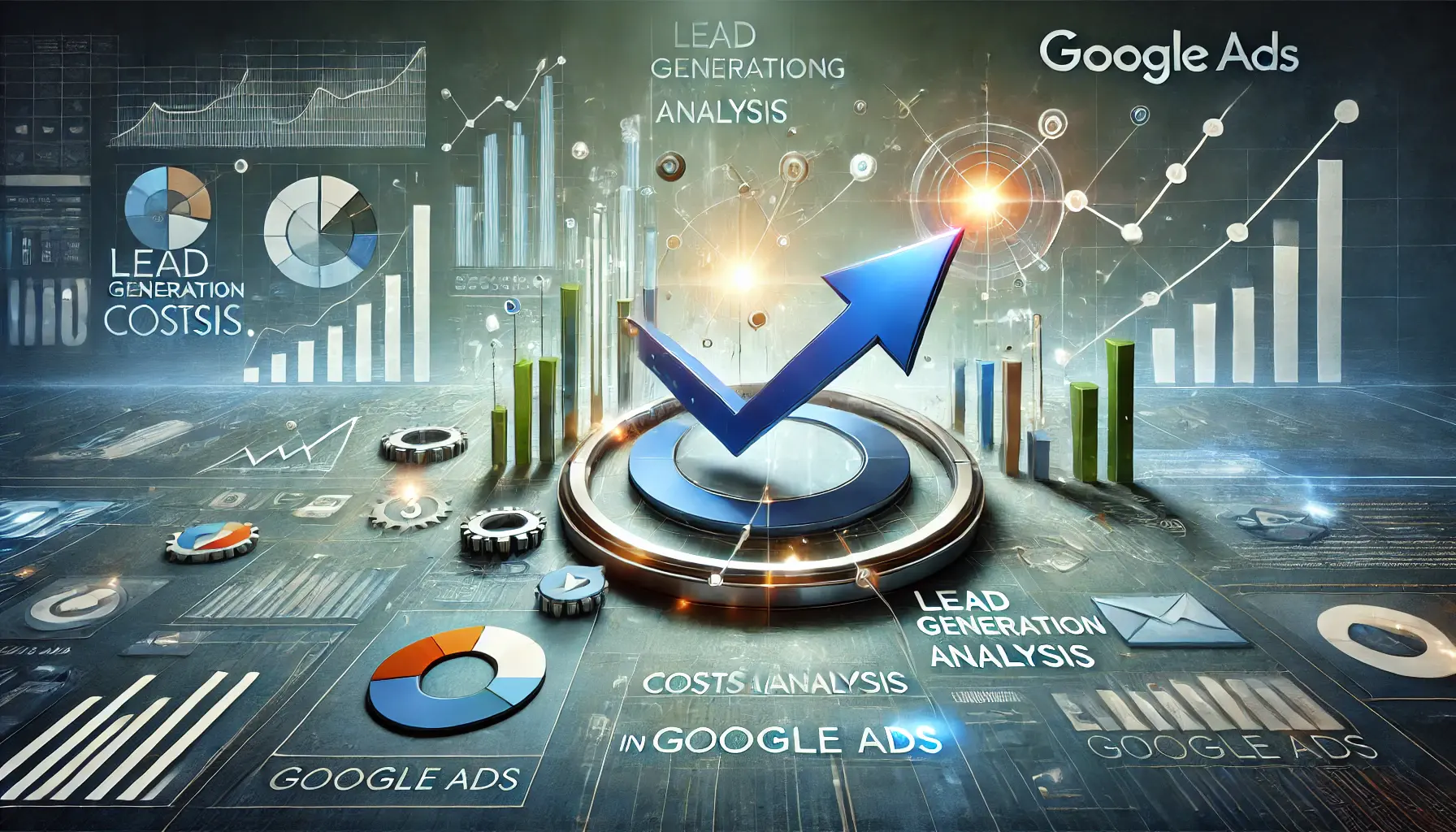 Abstract representation of lead generation costs analysis in Google Ads, featuring graphs and metrics.