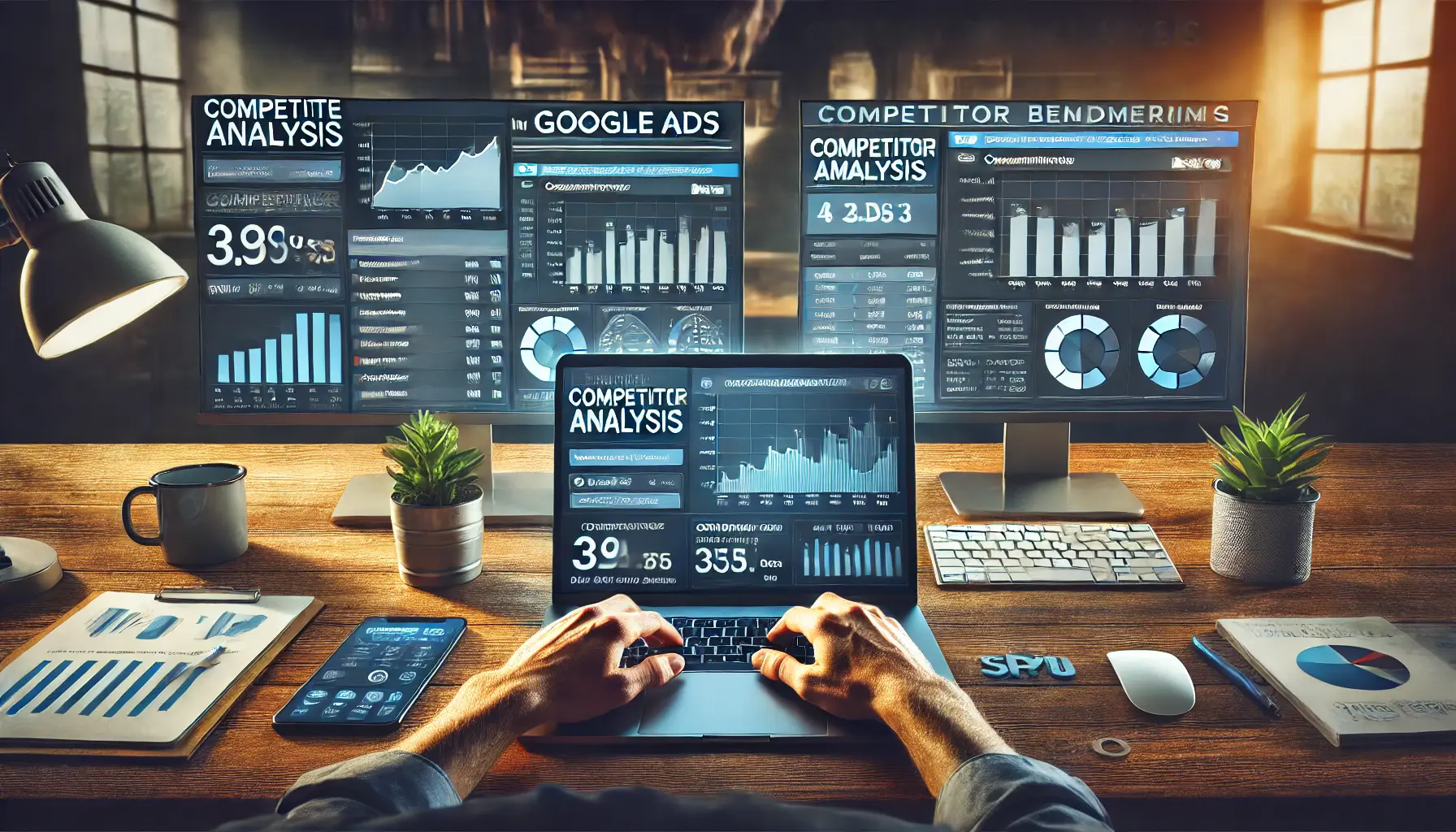 A digital marketing workspace where a professional is analyzing competitor campaign data using tools like SEMrush and SpyFu, with charts comparing ad spend, keywords, and traffic sources.