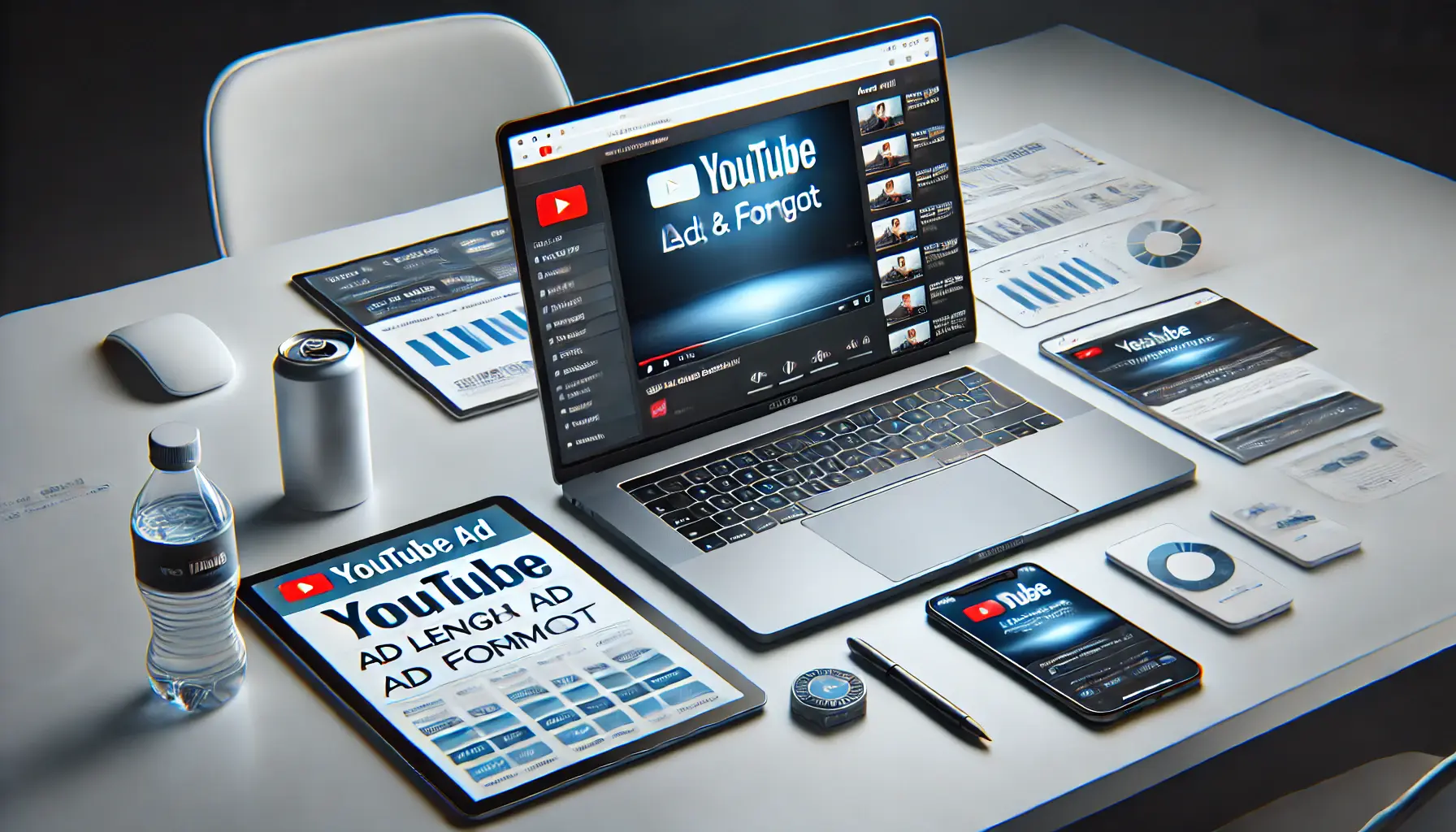 Laptop screen displaying YouTube ad dashboard with length and format options in a digital marketing workspace.