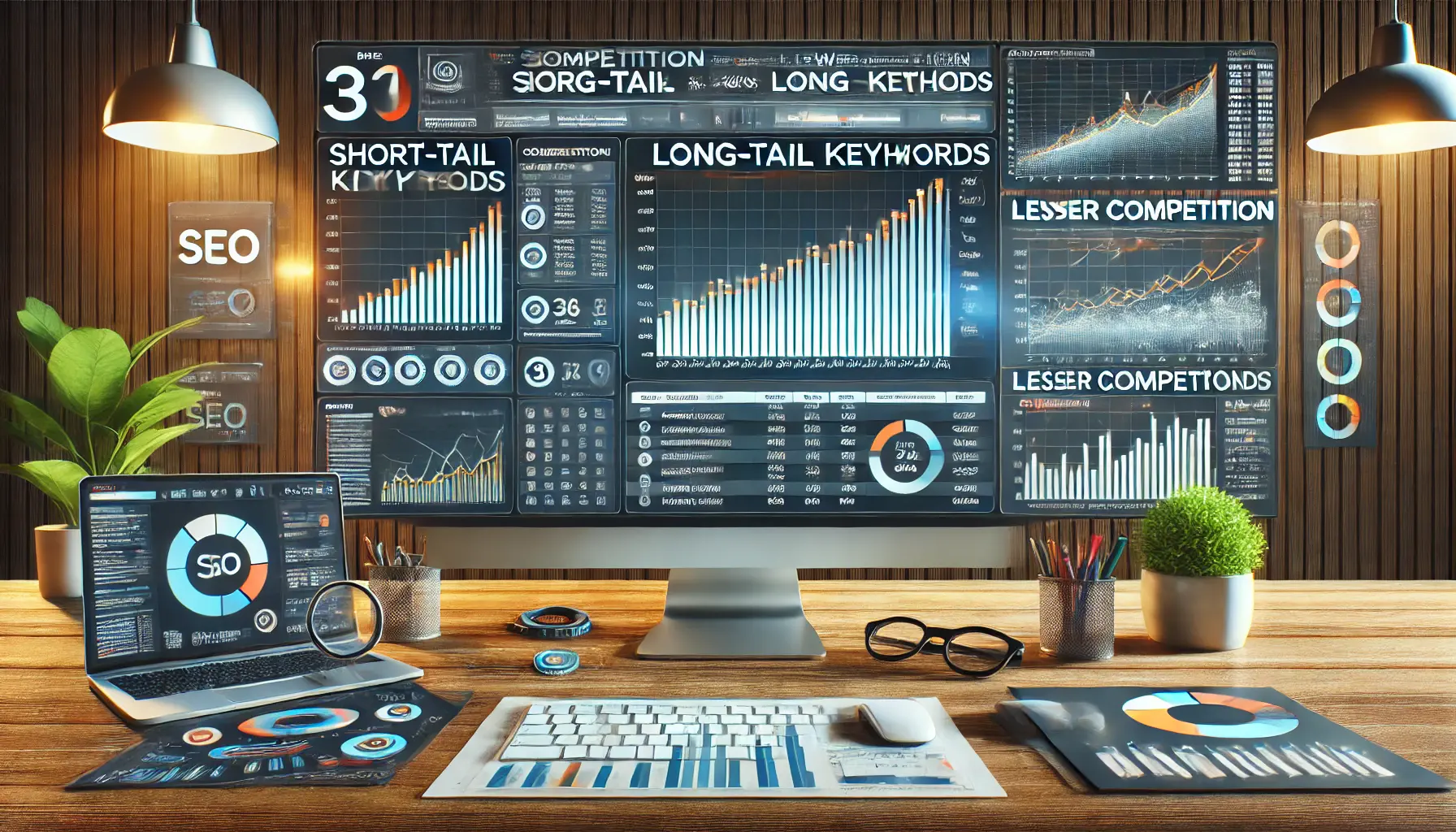 An SEO dashboard comparing the competition levels of long-tail and short-tail keywords