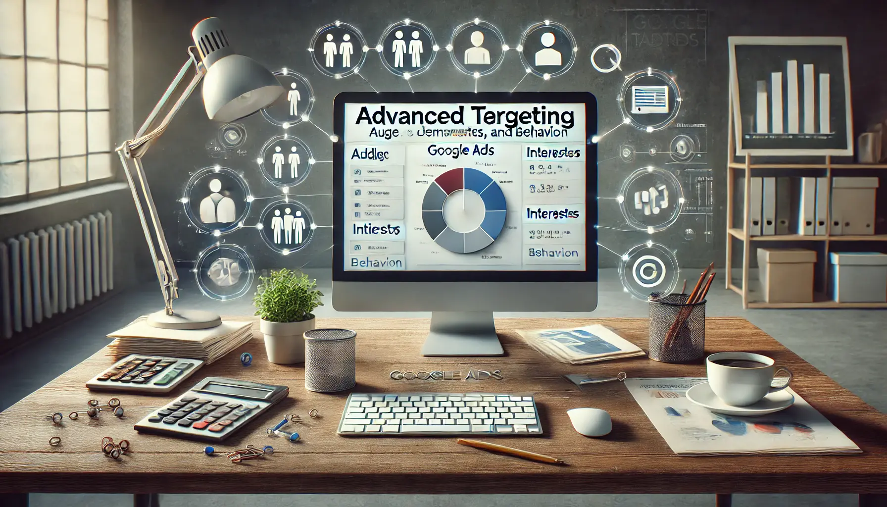 Digital marketing workspace with a monitor displaying Google Ads dashboard, surrounded by icons representing demographic and interest-based targeting.