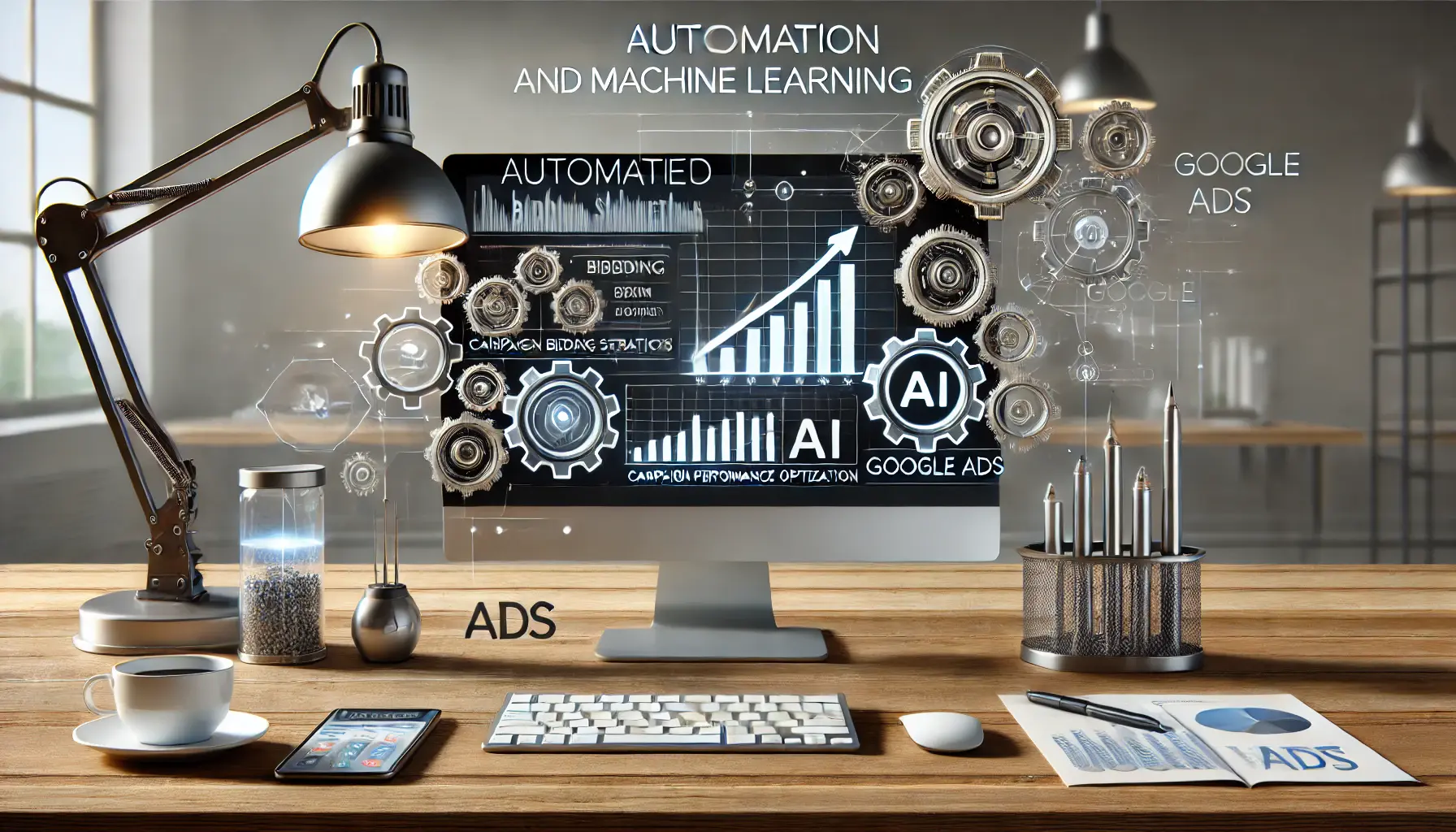 A digital marketing workspace showing automated bidding strategies and real-time campaign performance optimization using machine learning tools in Google Ads.