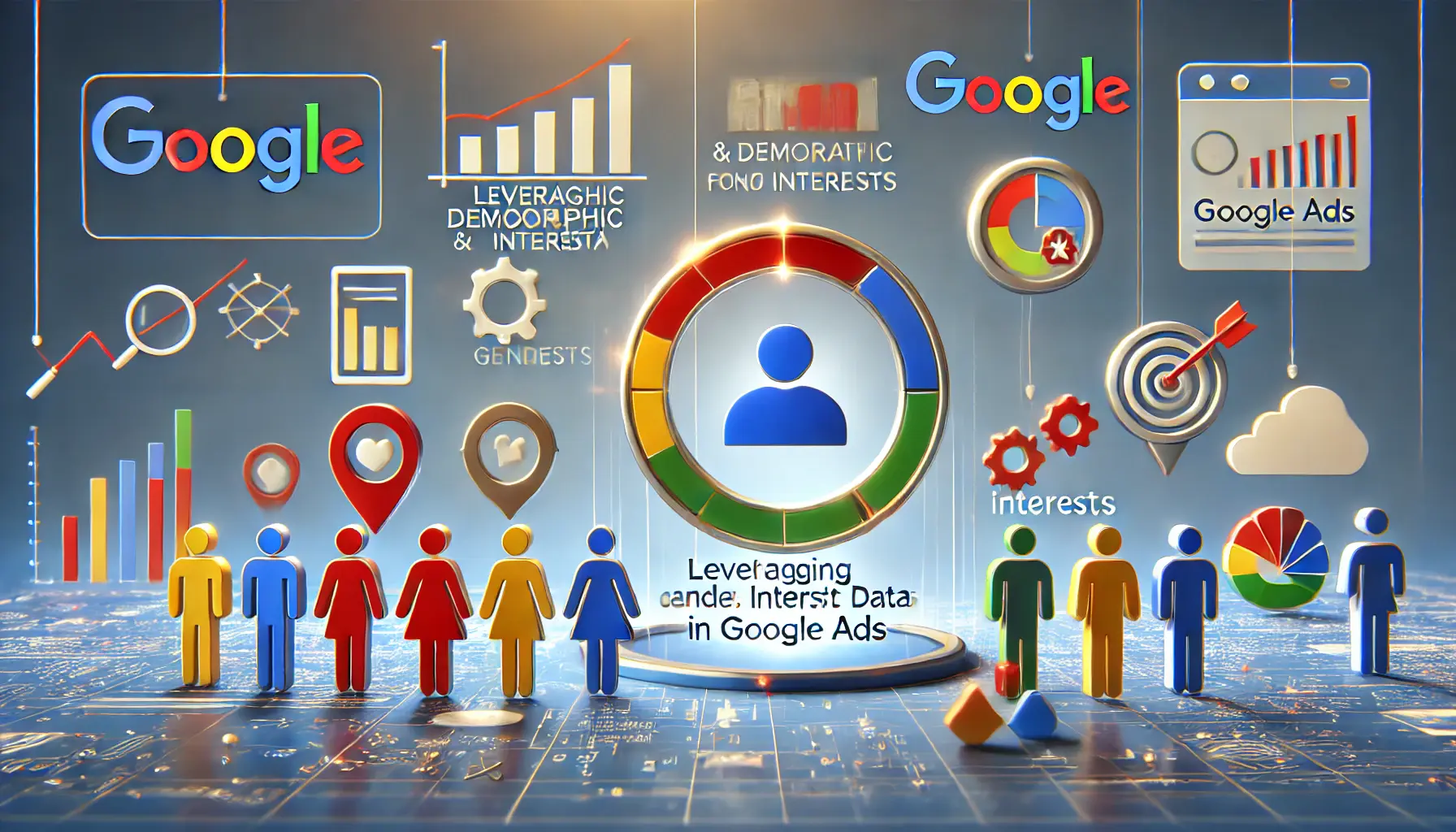 Image illustrating the use of demographic and interest data with icons for age, gender, and interests alongside data analytics symbols.