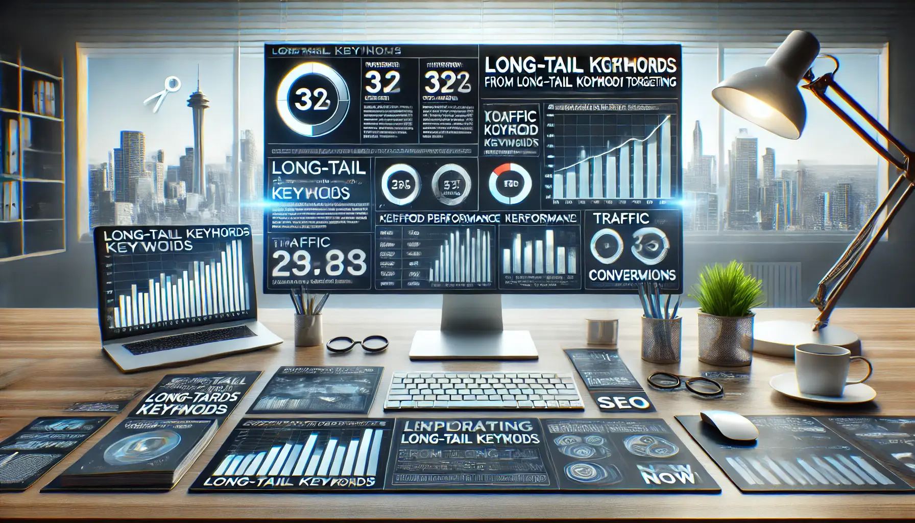 A professional SEO workspace showing actionable data emphasizing the benefits of using long-tail keywords in SEO strategy