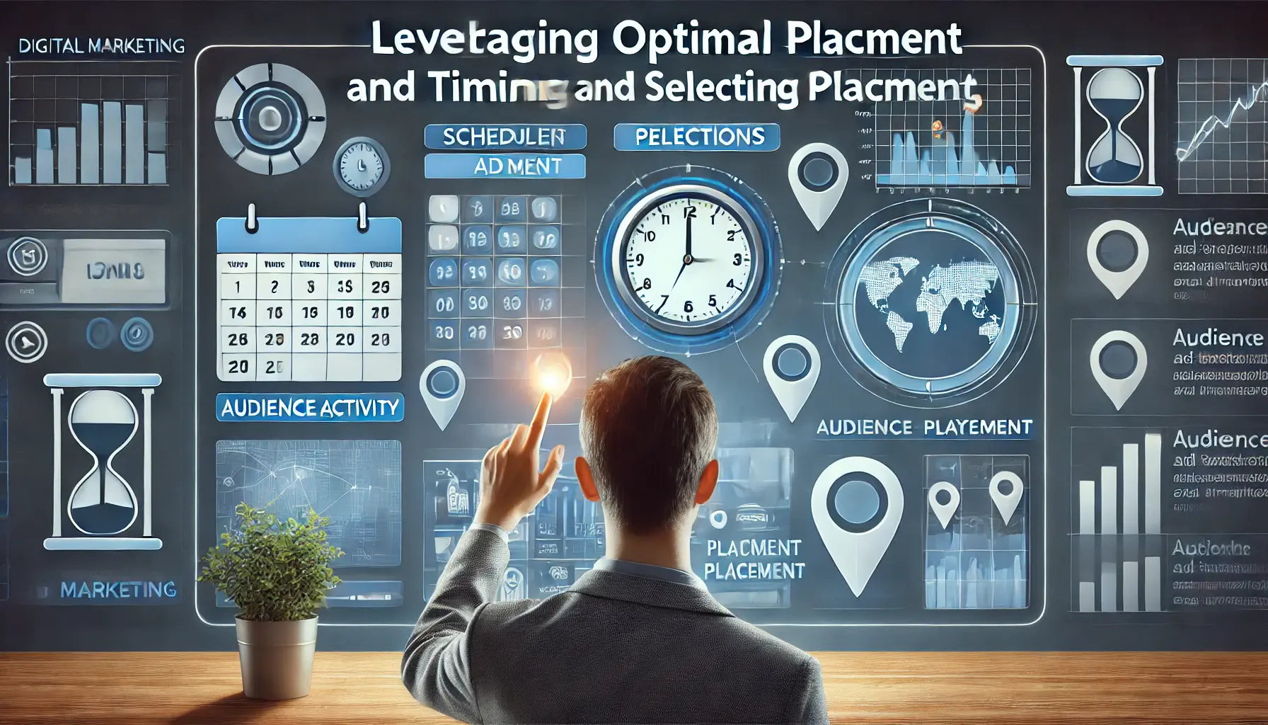 Marketer analyzing a digital dashboard with calendar, clock, and location pins for ad placement and timing