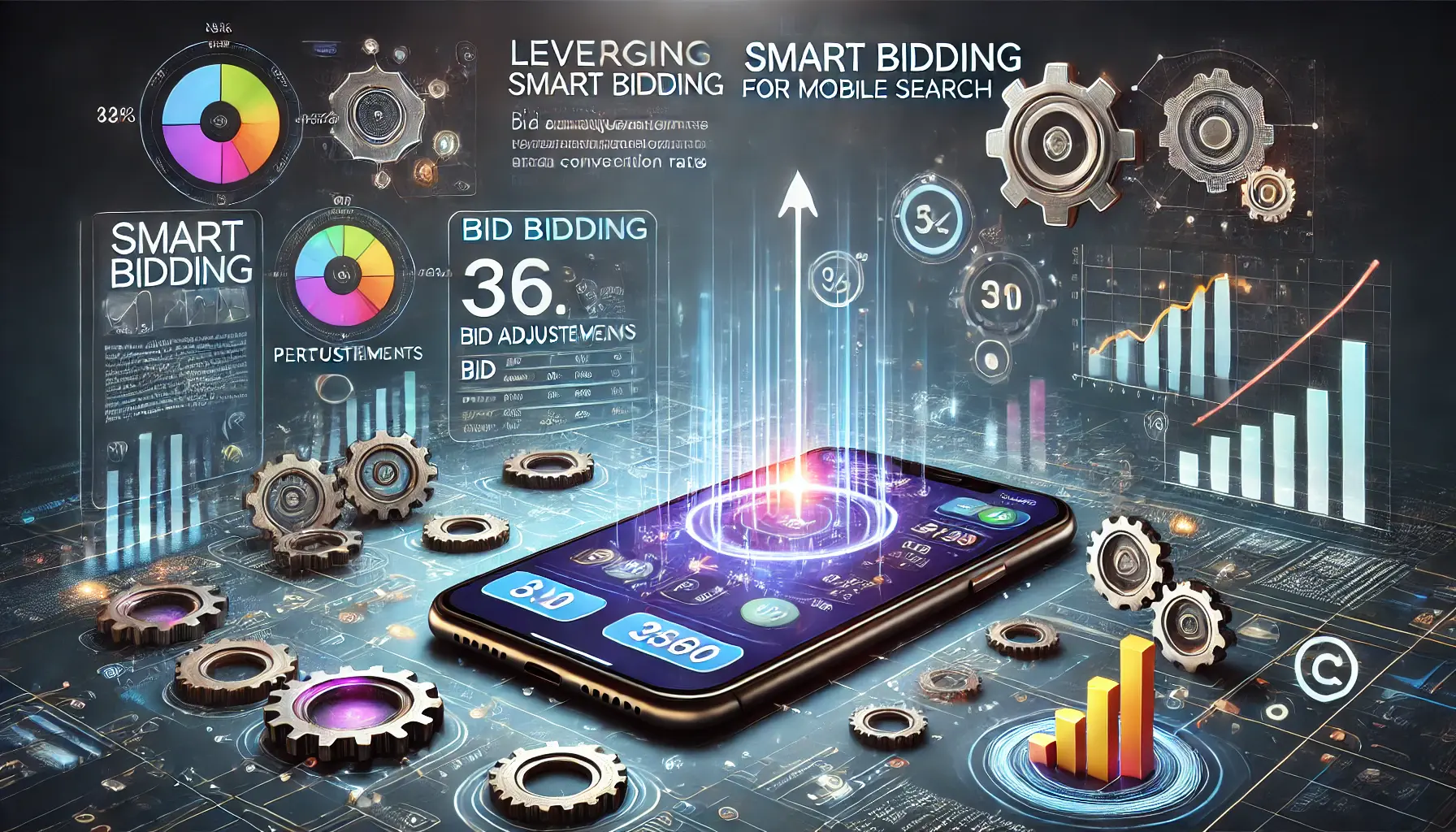 A smartphone displaying a bidding strategy dashboard with bid adjustments, performance metrics, and conversion rates, surrounded by symbols like gears, data analytics, and a rising graph representing smart bidding