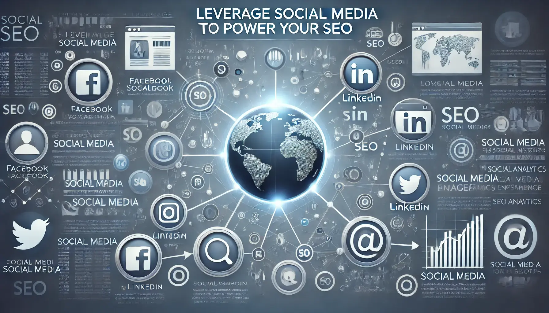 A laptop and smartphone displaying social media platforms with SEO charts, magnifying glasses, and network nodes representing the integration of social media with SEO strategies.