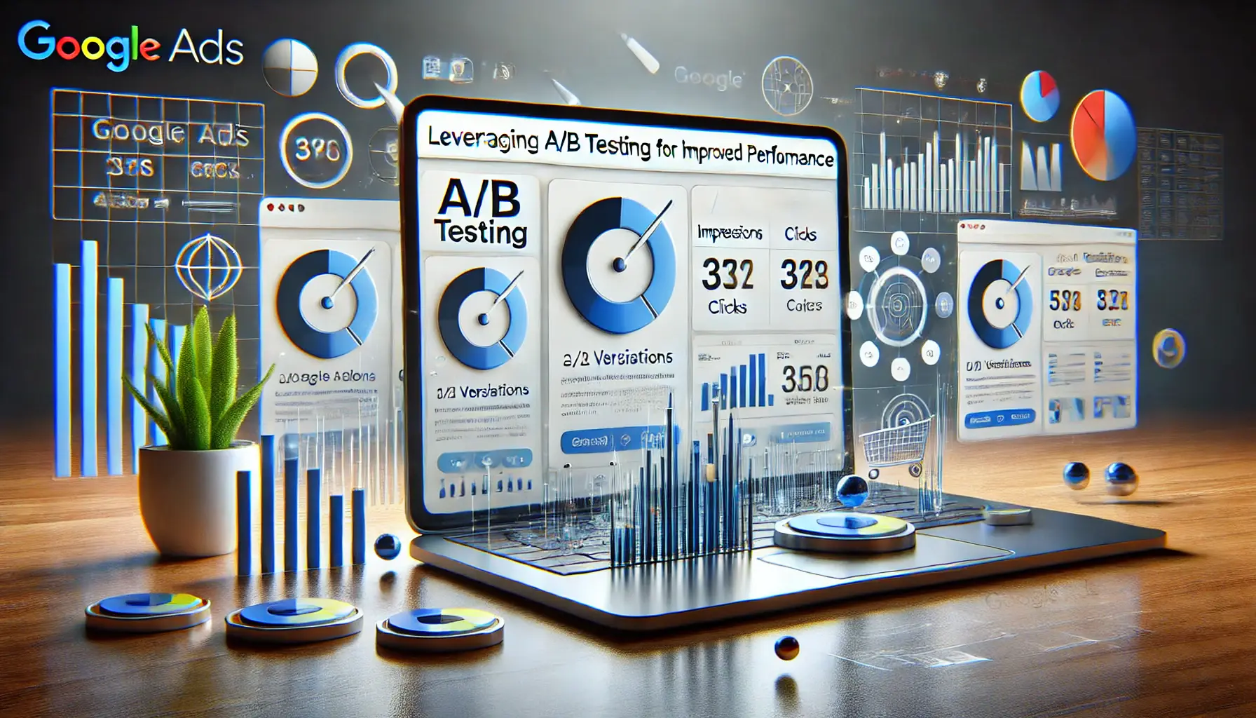 A Google Ads dashboard displaying two ad variations side by side with metrics like impressions, clicks, and conversions, surrounded by abstract elements representing testing and optimization.