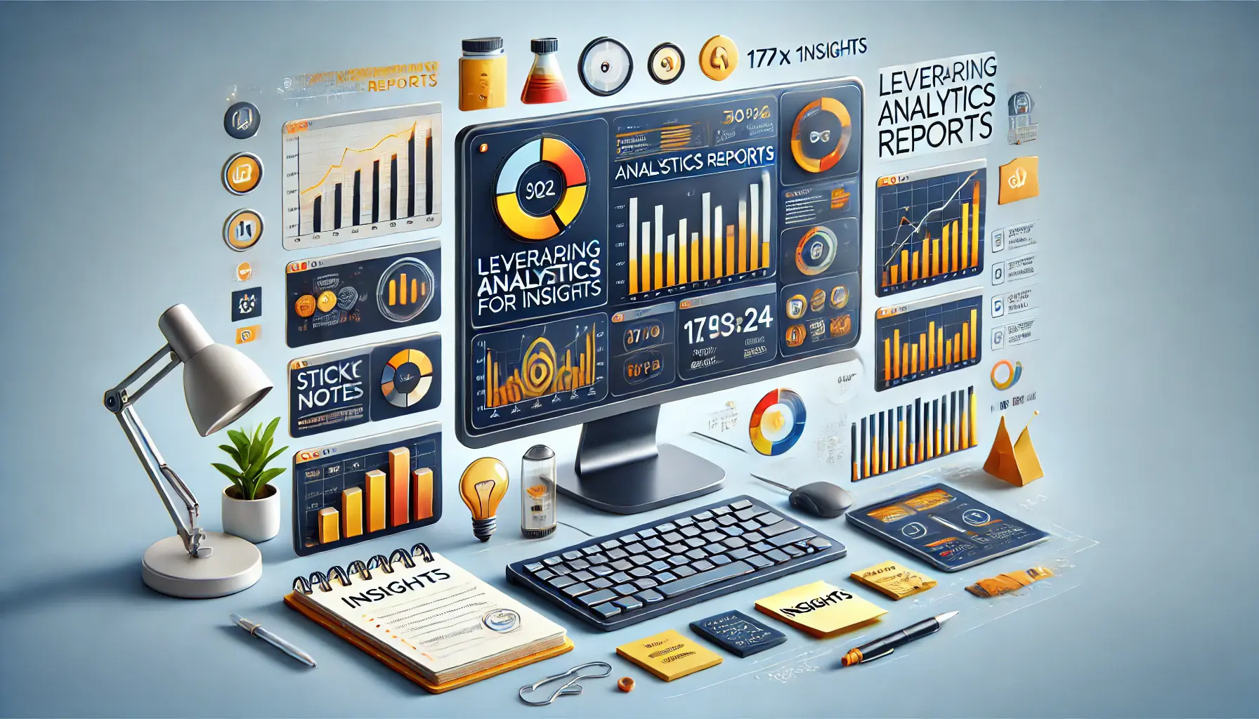 Image depicting a digital workspace with a computer showing analytics reports, including charts, graphs, and key performance indicators.