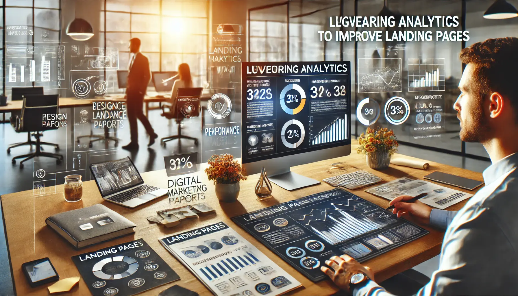 A digital marketing analyst reviewing analytics reports and performance metrics in a modern office.