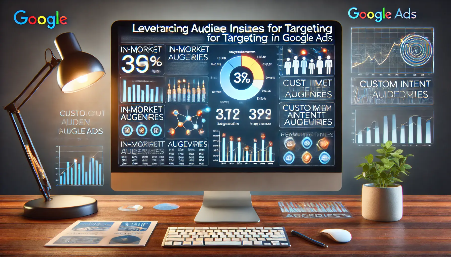 A modern workspace with a computer screen displaying audience segmentation and targeting data for Google Ads, including demographics, interests, and behaviors.