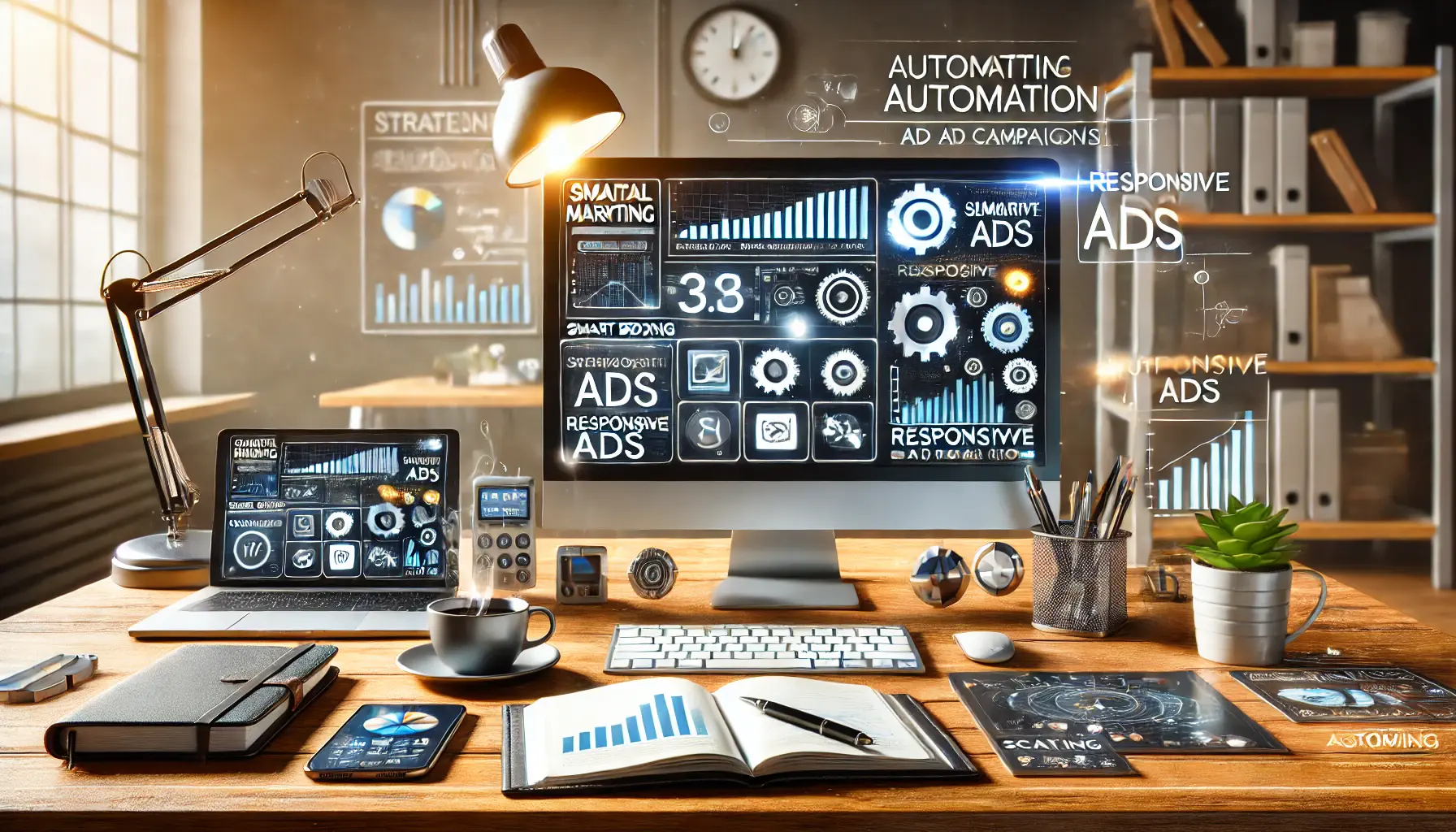 A modern digital marketing workspace featuring a computer displaying an automated marketing dashboard with tools like smart bidding and automation rules, symbolizing the use of automation for scaling ad campaigns.