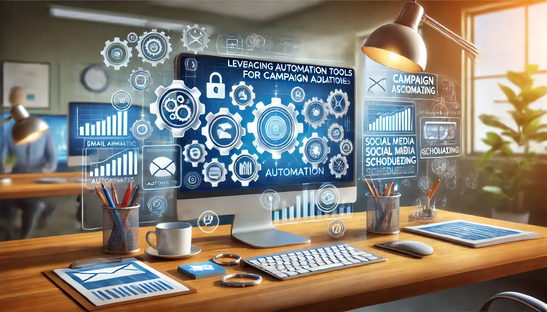 An illustrative image depicting leveraging automation tools for campaign adjustments in digital marketing, featuring an analytics dashboard and marketing tool icons.