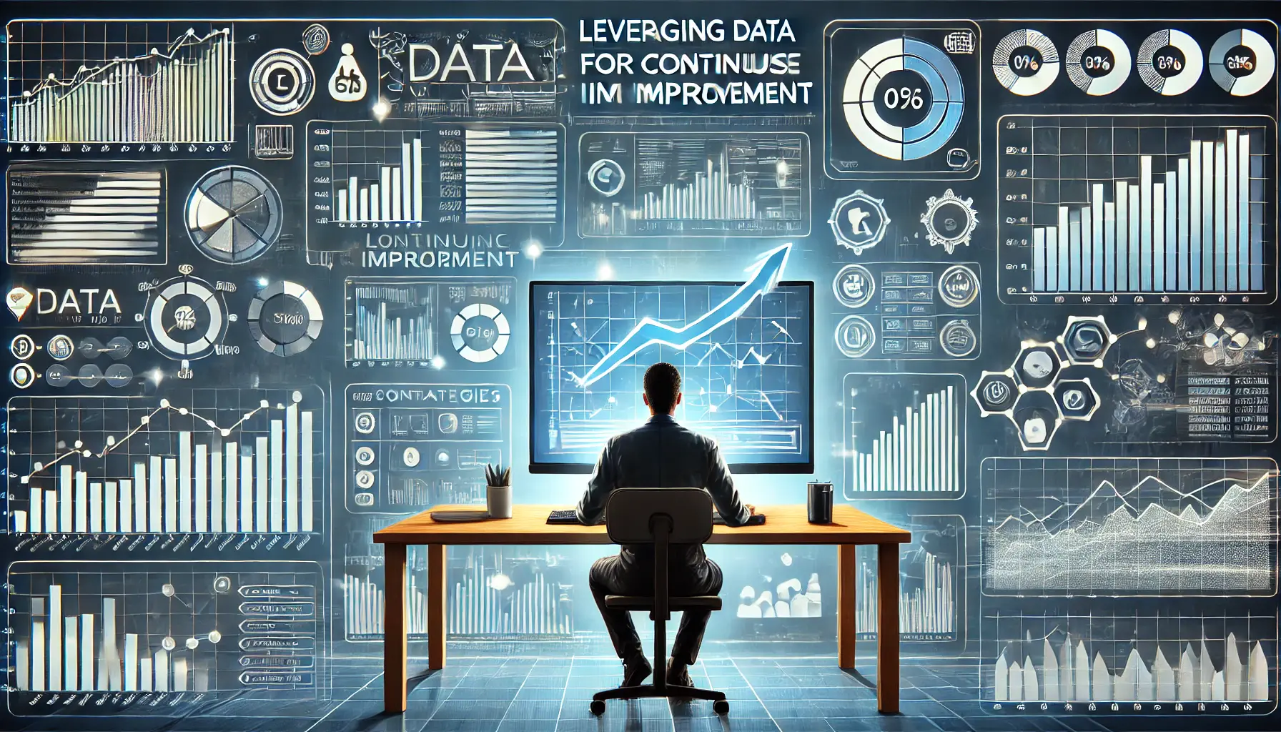 A visual representation of leveraging data for continuous improvement, showing a person analyzing performance metrics on a computer.