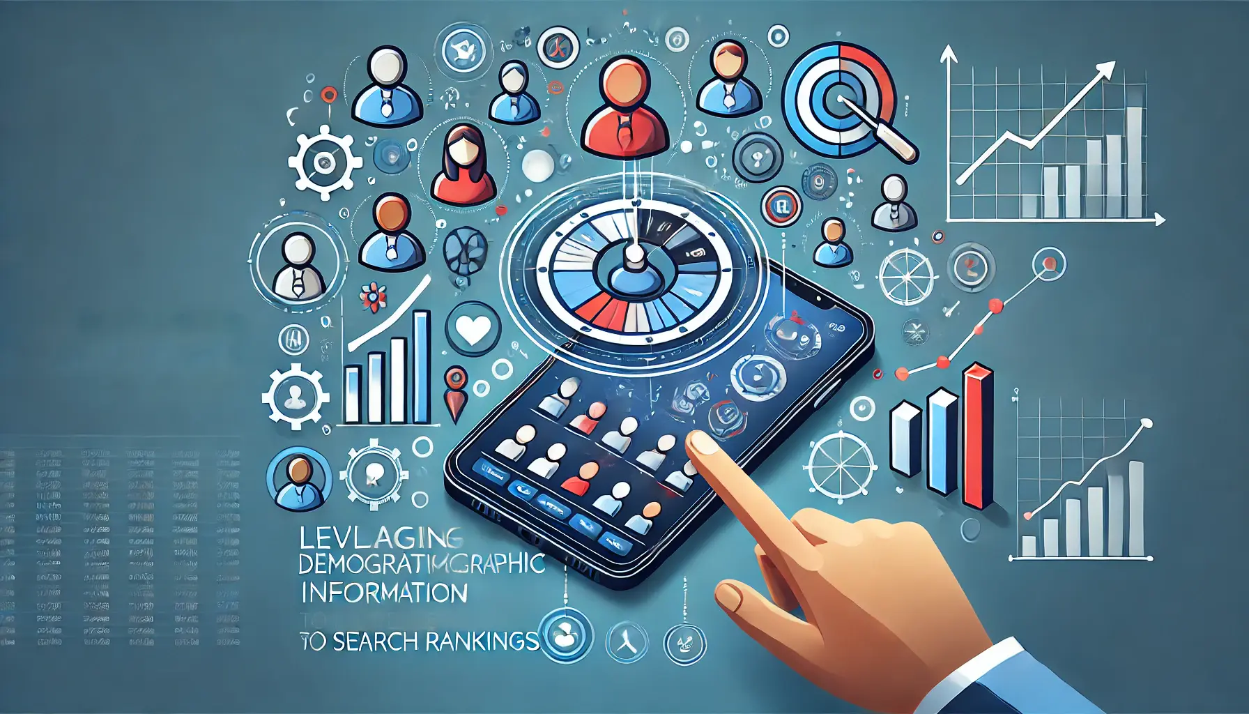 Image illustrating the strategic use of demographic information to boost app search rankings, featuring a mobile app interface with search rankings, demographic icons, and data graphs indicating growth.