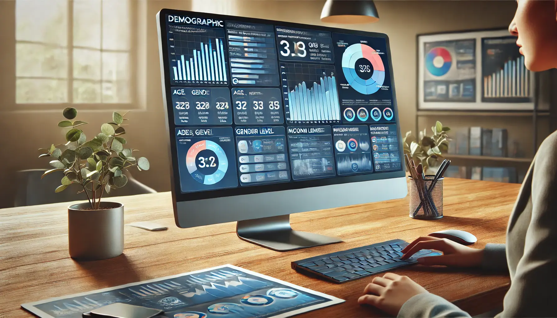 A marketing dashboard displaying demographic data such as age, gender, and income levels with colorful charts and graphs analyzing campaign performance.