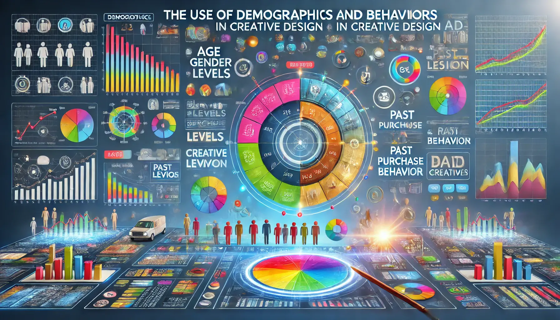 A marketing dashboard displaying demographic and behavioral data such as age, gender, and purchase behavior, alongside real-time adjustments to ad creatives based on this data.