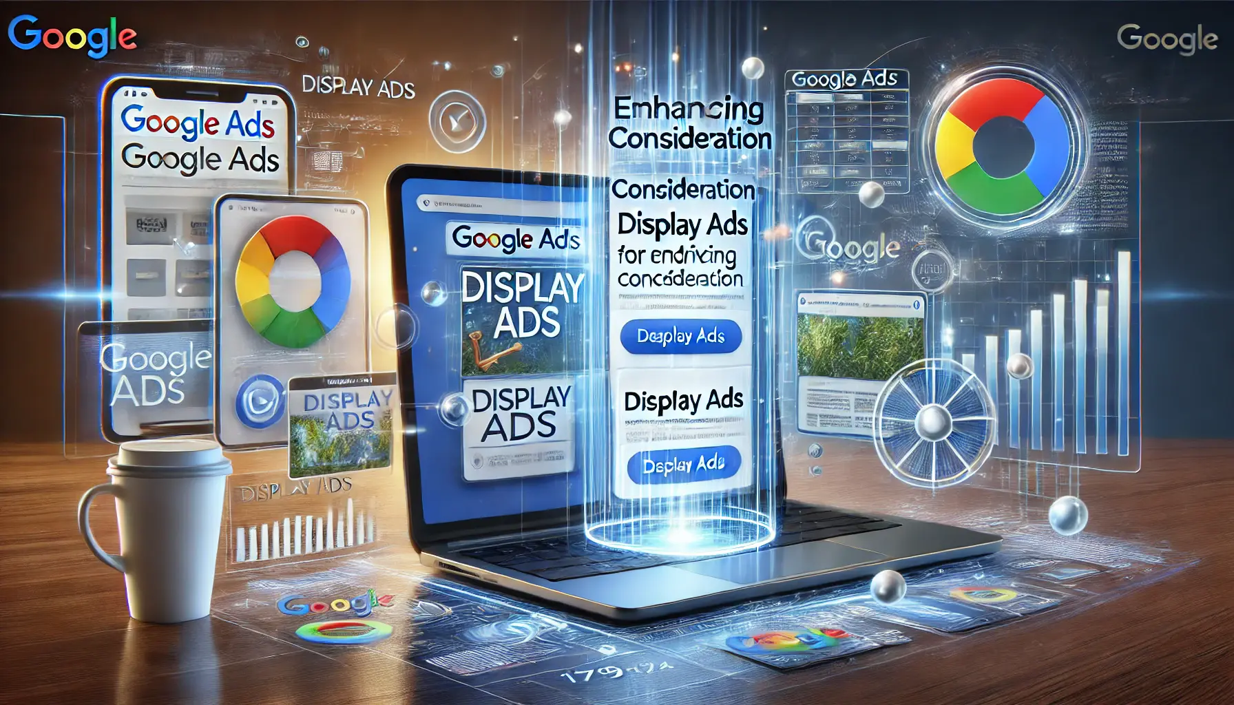 Digital marketing scene with a laptop displaying Google Ads interface, showing display ads served across websites and mobile apps, surrounded by visuals representing ad formats and engagement metrics.