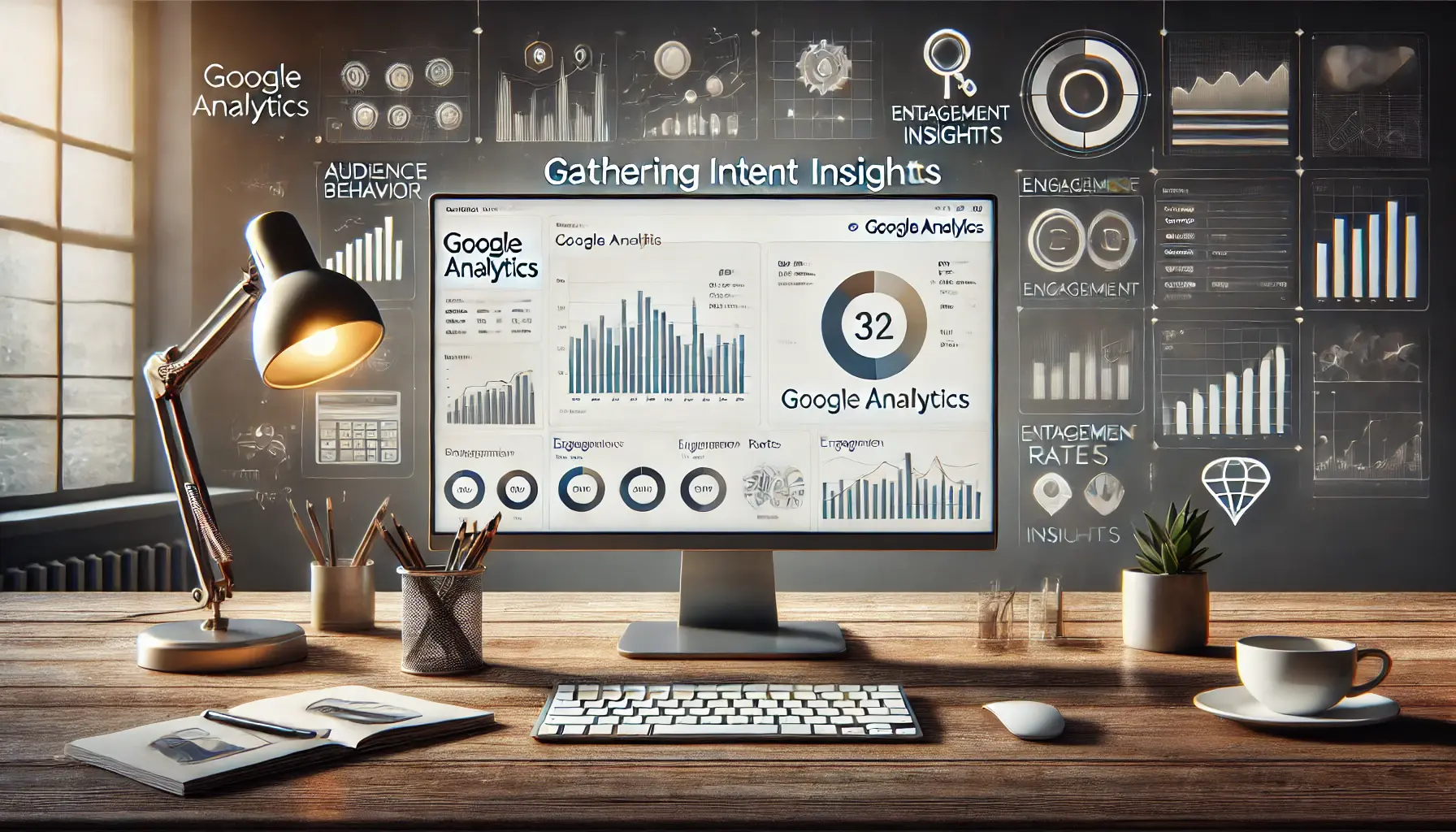 Workspace with computer displaying Google Analytics dashboard, focusing on audience behavior and intent insights.