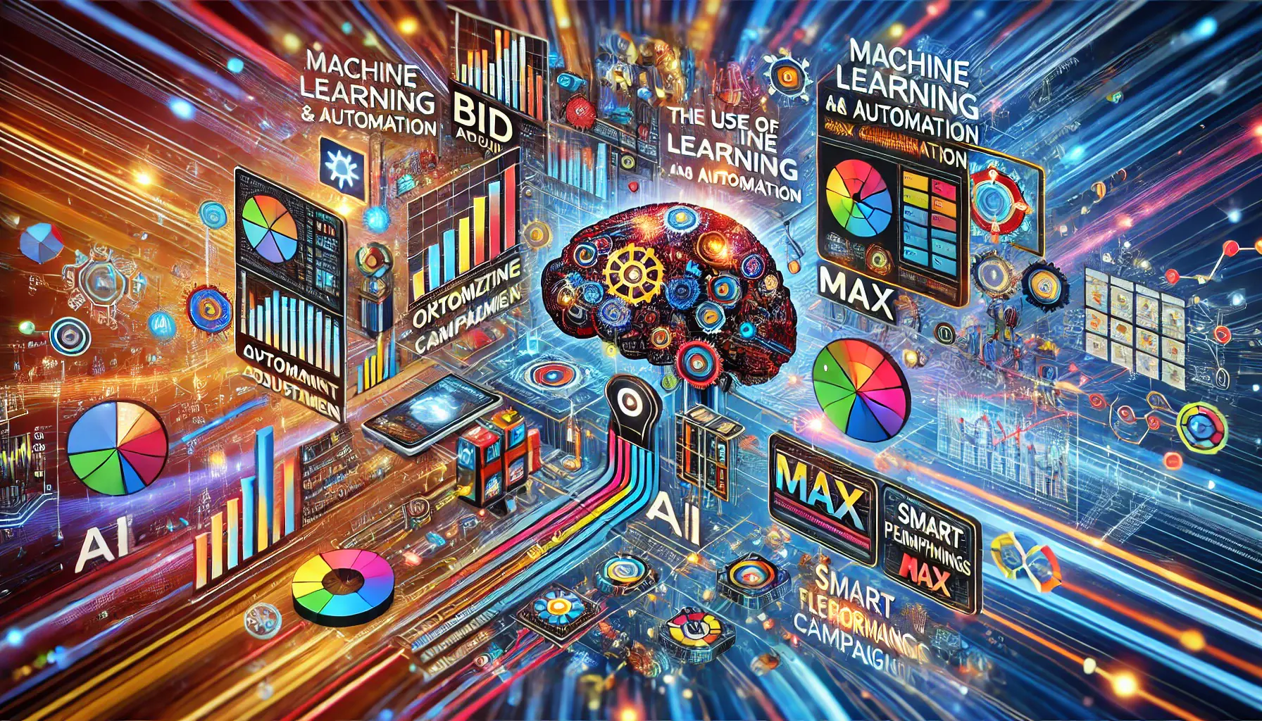 An image depicting interconnected algorithms, data flows, and AI symbols representing machine learning and automation in optimizing Performance Max campaigns.