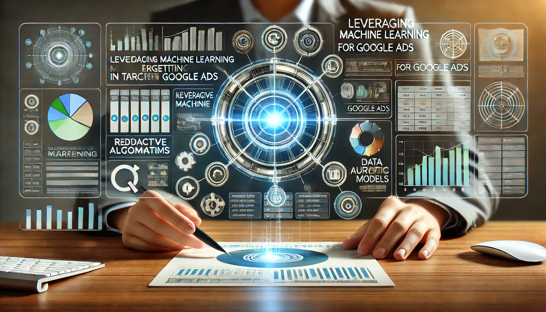 A professional image showing the use of machine learning in Google Ads targeting with data analysis, predictive models, and automation icons.